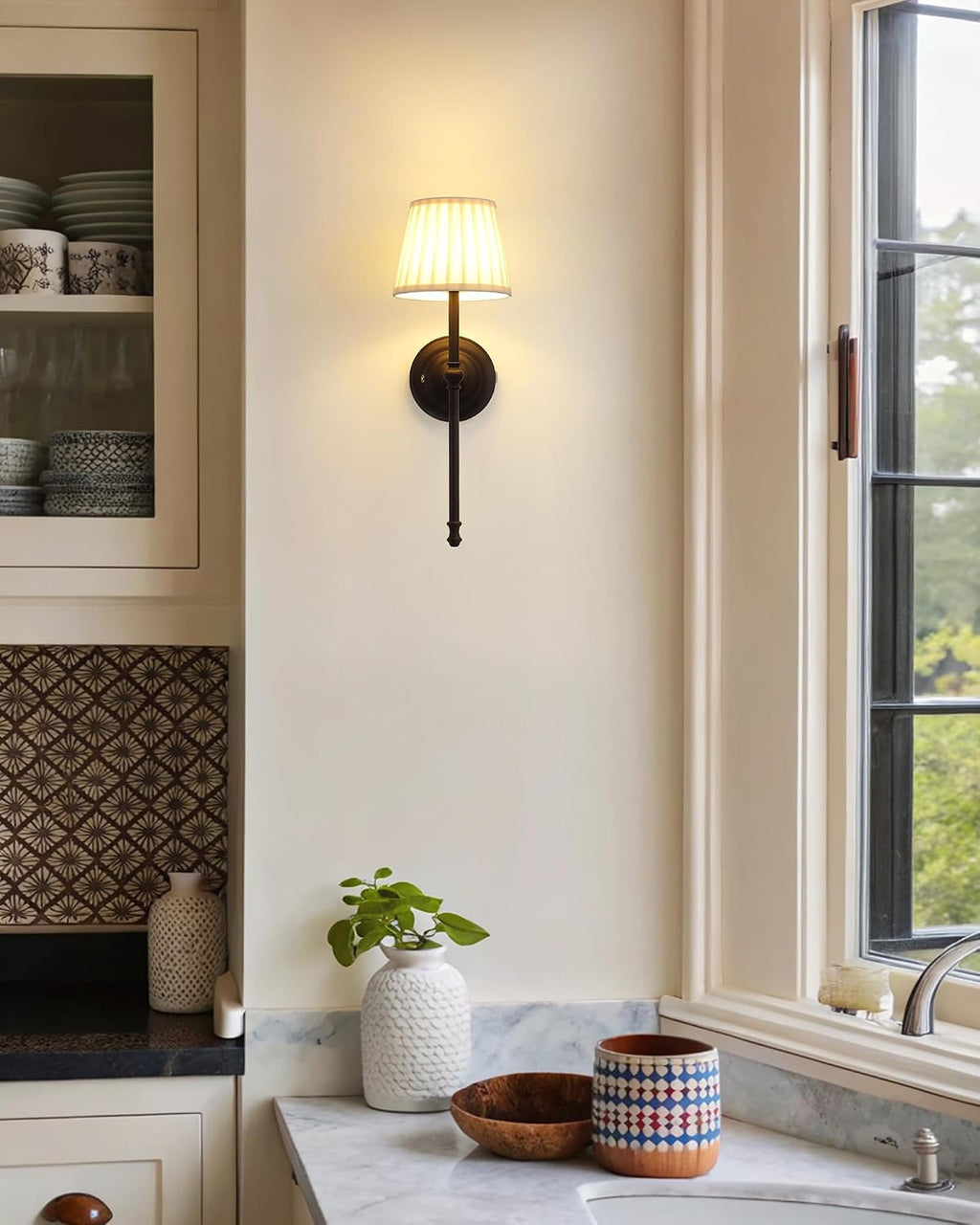 KDG Black Cordless Wall Sconces Set of 2, Beige Fabric LED Wall Lamps