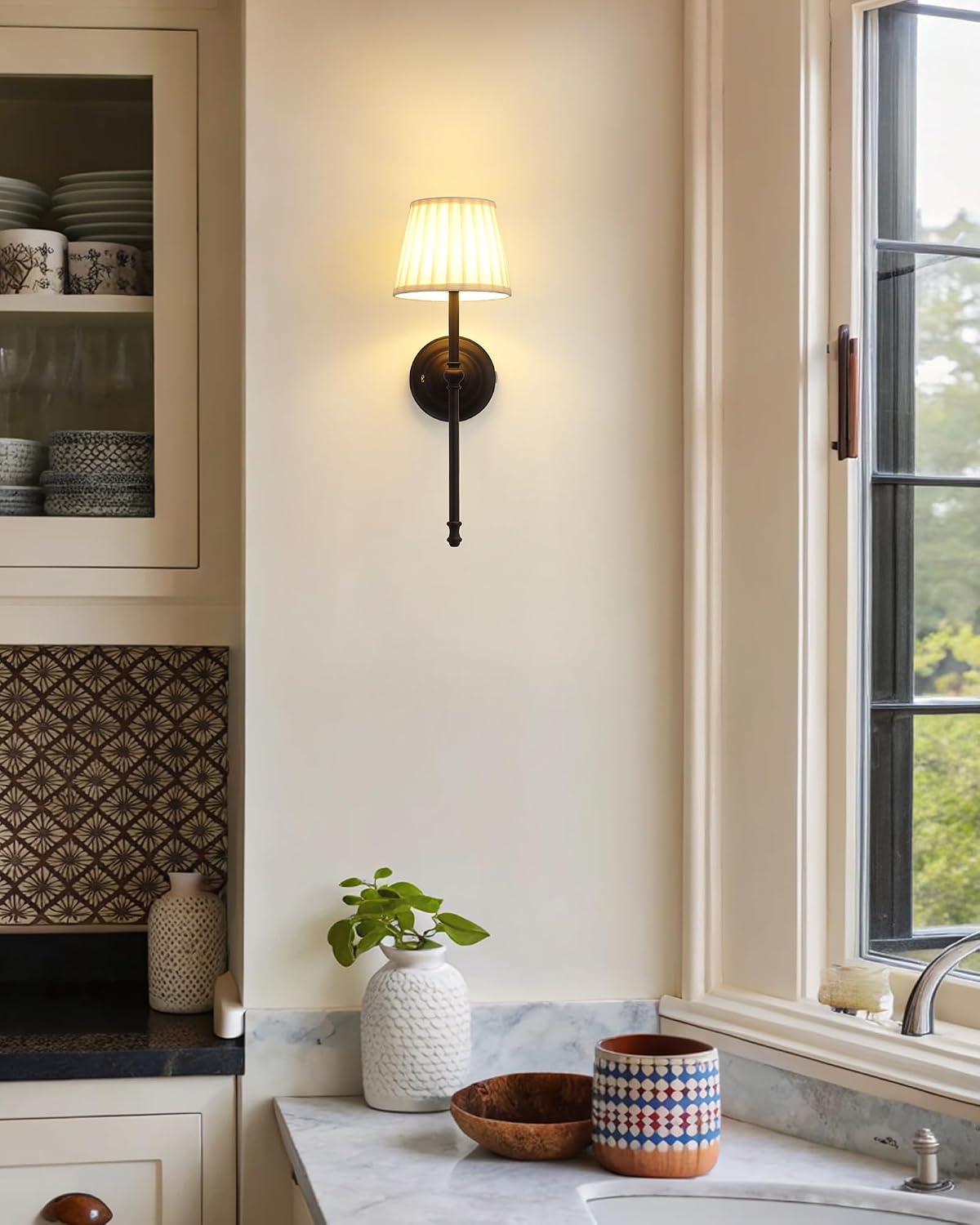 KDG Black Cordless Wall Sconces Set of 2, Beige Fabric LED Wall Lamps