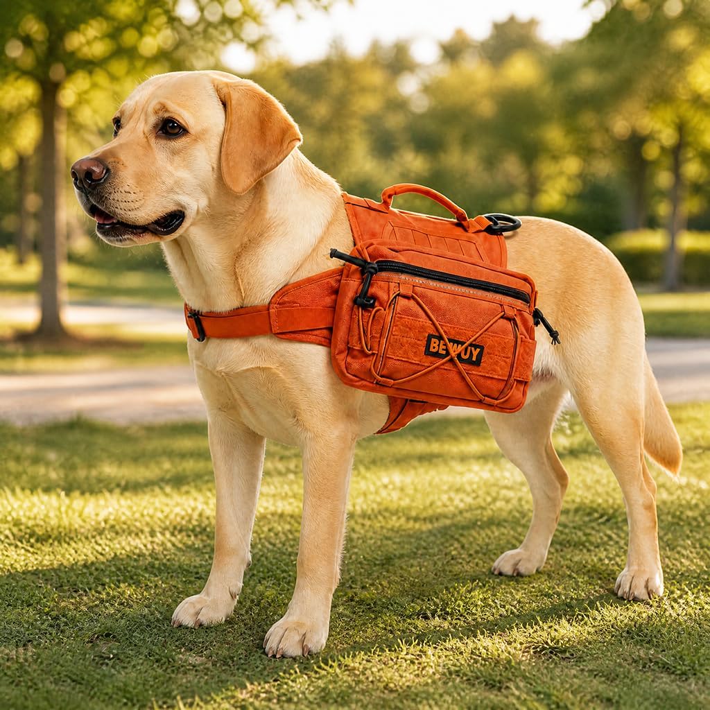 Tactical Dog Backpack for Medium Large Dogs, Reflective Pack Harness with Storage, Poop Bag Pocket, Includes Free Anti-Pull Leash (Orange, L)