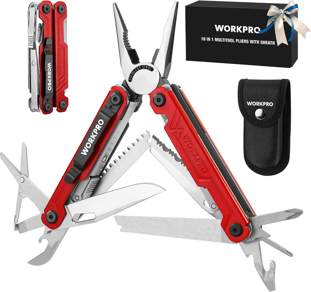 WORKPRO 18-in-1 Multi Tool Pliers Pocket Knife, 2 Safety Locks, EDC, Red | Gifts for Men Dad Women Wife, Stainless Steel Multitool, Belt Clip and Oxford Pouch, Utility Tool for Camping