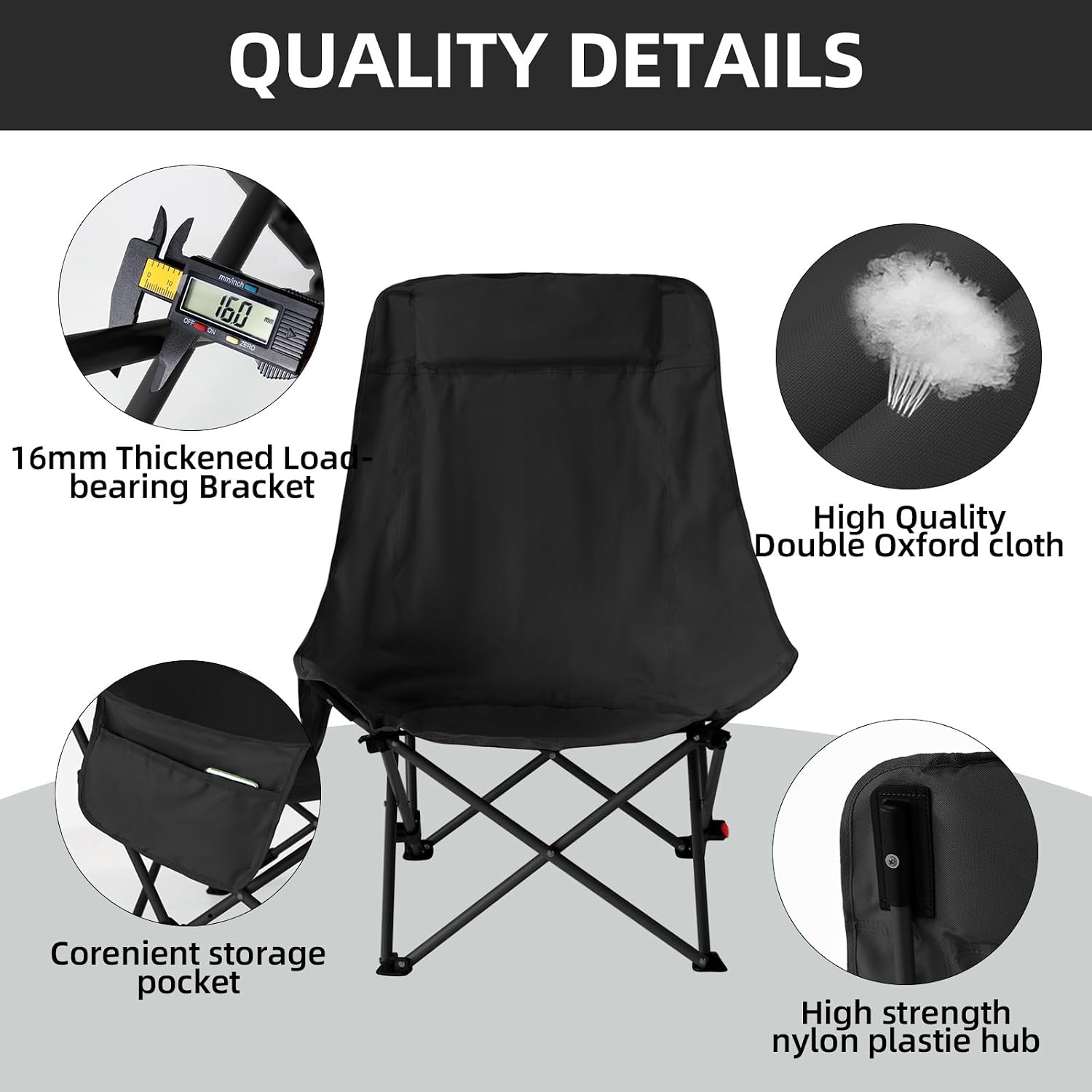 Camping Chairs for Adults, Beach Chairs for Adults, Lawn Chairs with Adjustable Backrest Suitable for Patio/Fishing/Beach/Camp, Includes A Storage Bag (Black)