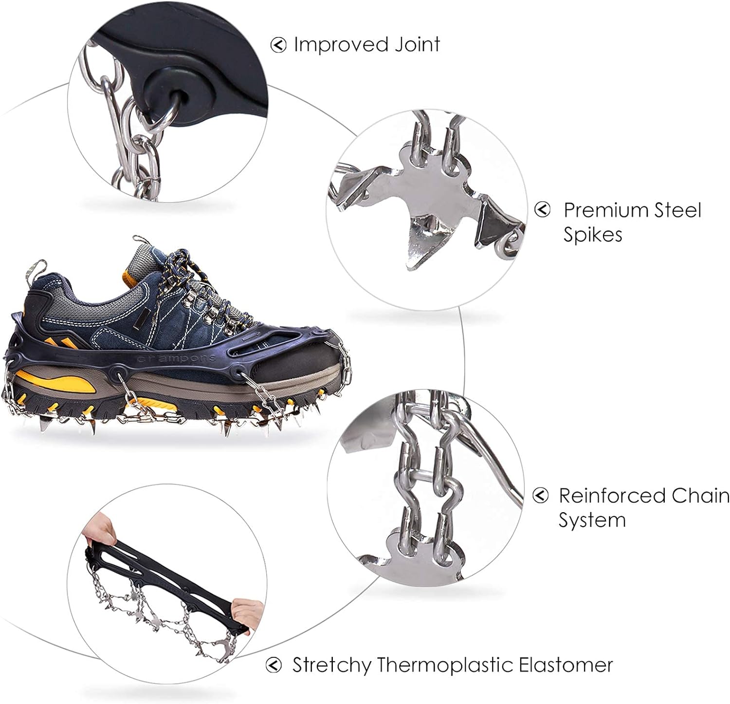 Crampons Ice Cleats Traction Snow Grips for Boots Shoes Women Men Anti Slip 19 Stainless Steel Spikes Safe Protect for Hiking Fishing Walking Climbing Mountaineering