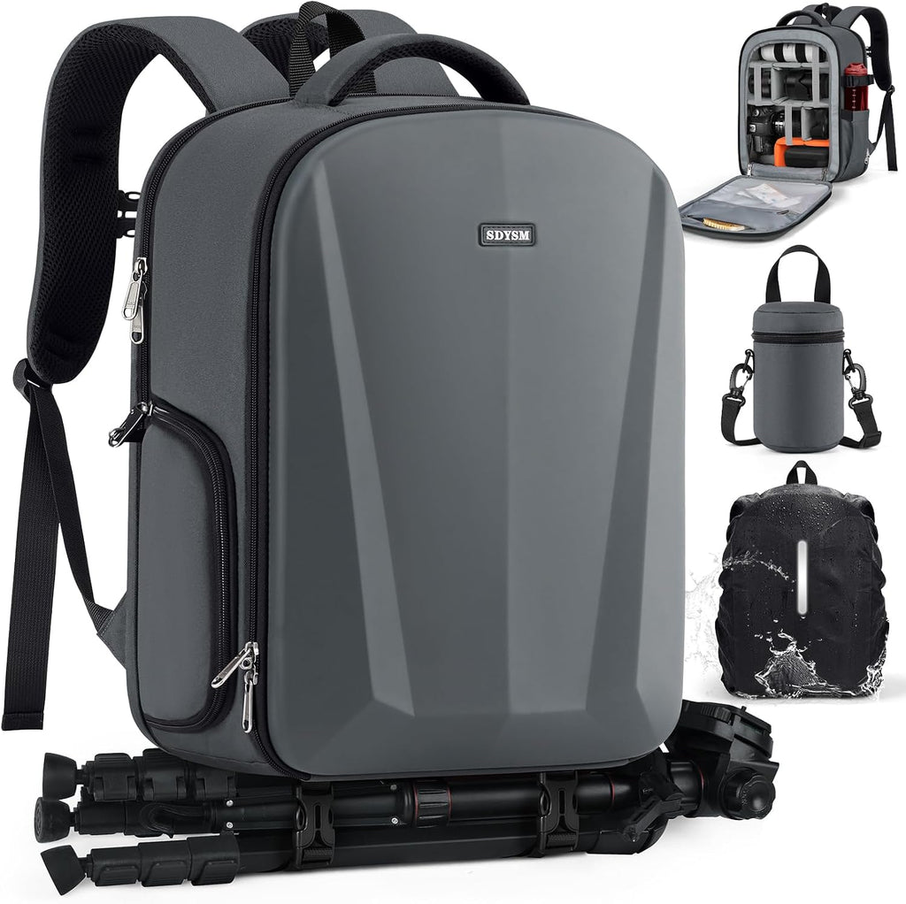 SDYSM Camera Backpack, Hardshell DSLR/SLR Camera Bag with Lens Pouch & 15.6" Laptop Compartment Waterproof Camera Case with Rain Cover Photography Backpack Compatible for Canon/Nikon/Sony/Drone,Gray