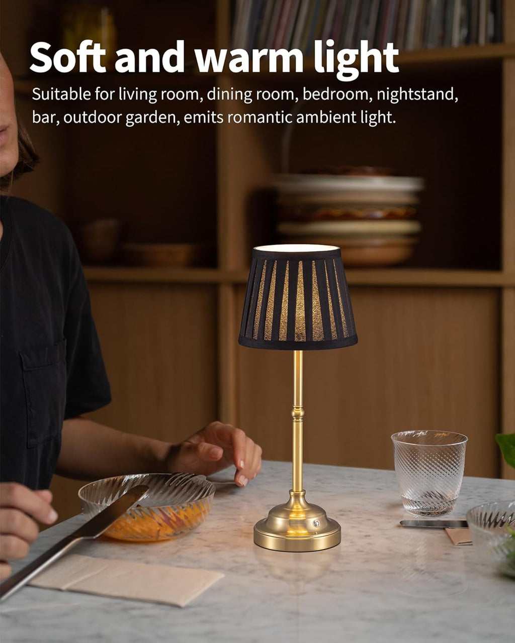 KDG Gold Cordless LED Table Lamps Set of 2, Black Fabric Shade Desk Lamps