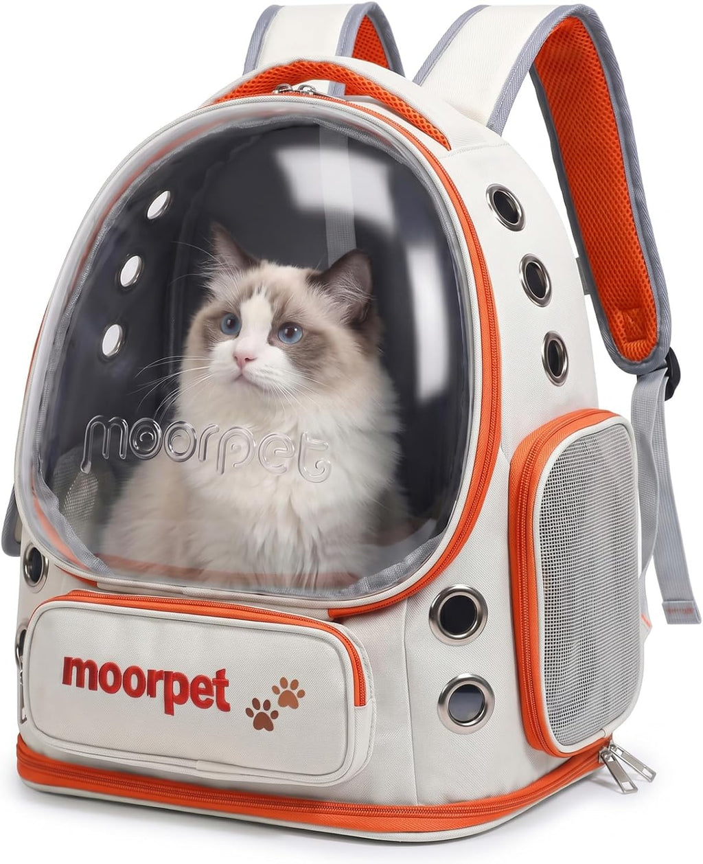 Cat Backpack Carrier, Transparent & Foldable Bubble Pet Backpack for Cats and Dogs, Breathable Kitten Carrier with Side Mesh and Pocket, Portable Travel Bag for Hiking, Walking, Vet (Orange)