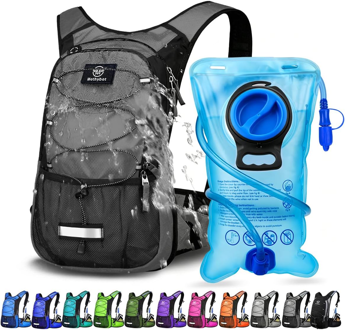 Mothybot Insulated Hydration Backpack Pack with 3L BPA Free Leak Proof Water Bladder, Large Storage Lightweight Hiking Daypack with Waist Pouches & Cooler Layer, for Running, Biking, Camping, Festival