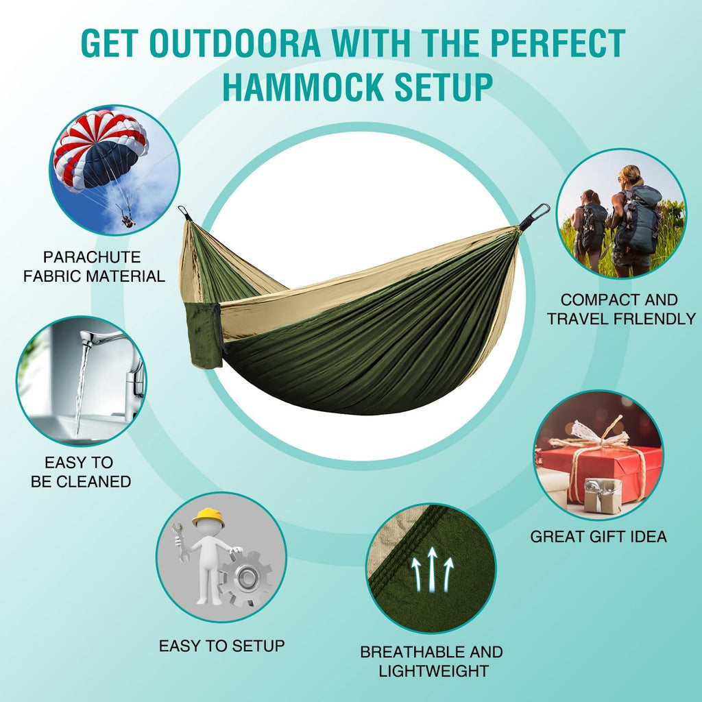 Hammock Camping, Portable Single/Double Hammocks for Outdoor Hiking Travel Backpacking - 210D Nylon Hammock Swing for Backyard & Garden (Green/Khaki)