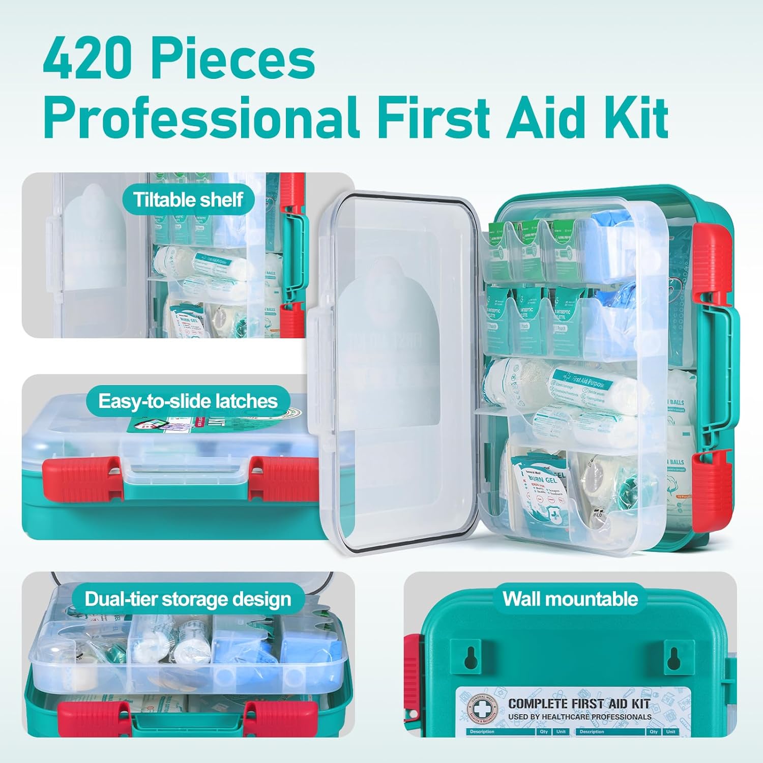 General Medi 420 Pieces Professional First Aid Kit - HardCase First Aid Box - Contains Premium Medical Supplies for Travel, Home, Office, Vehicle, Camping, Workplace & Outdoor