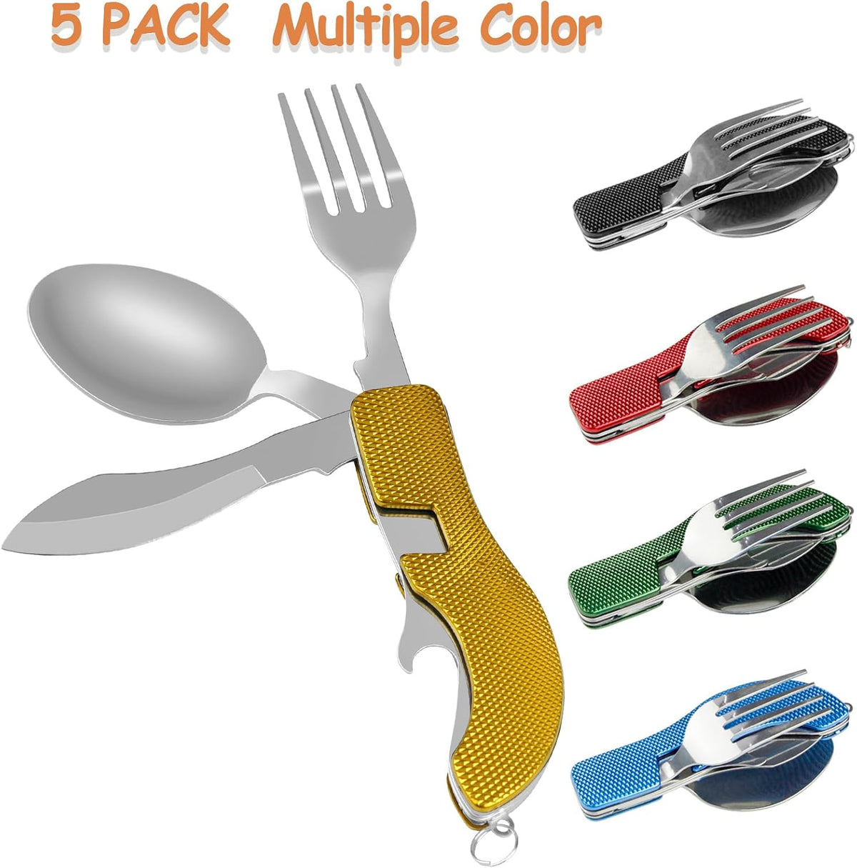 EZYoutdoor 4-in-1 Camping Utensil Set, Steel Fork Spoon Knife, 5 Pack