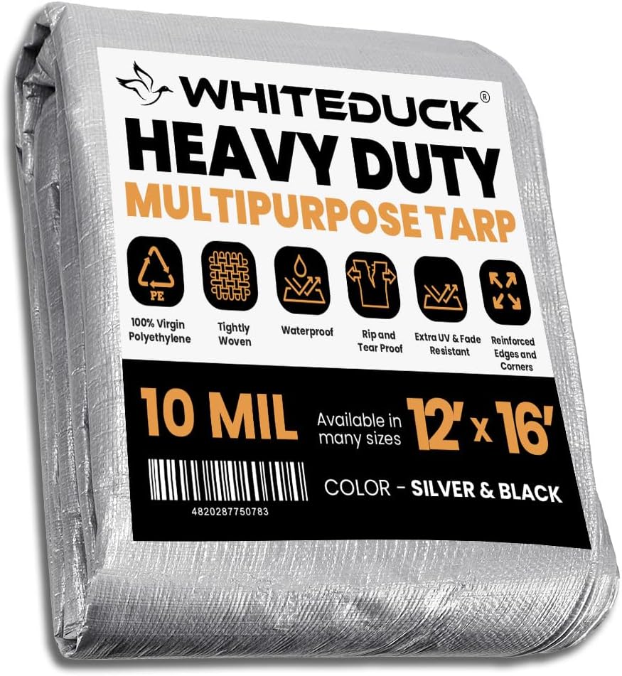WHITEDUCK Super Heavy Duty Poly Tarp Cover 16 Mil & 10 Mil with Grommets and Reinforced Edges (Brown, White & Silver Black) (Silver Black- 10 Mil, 15' x 20')