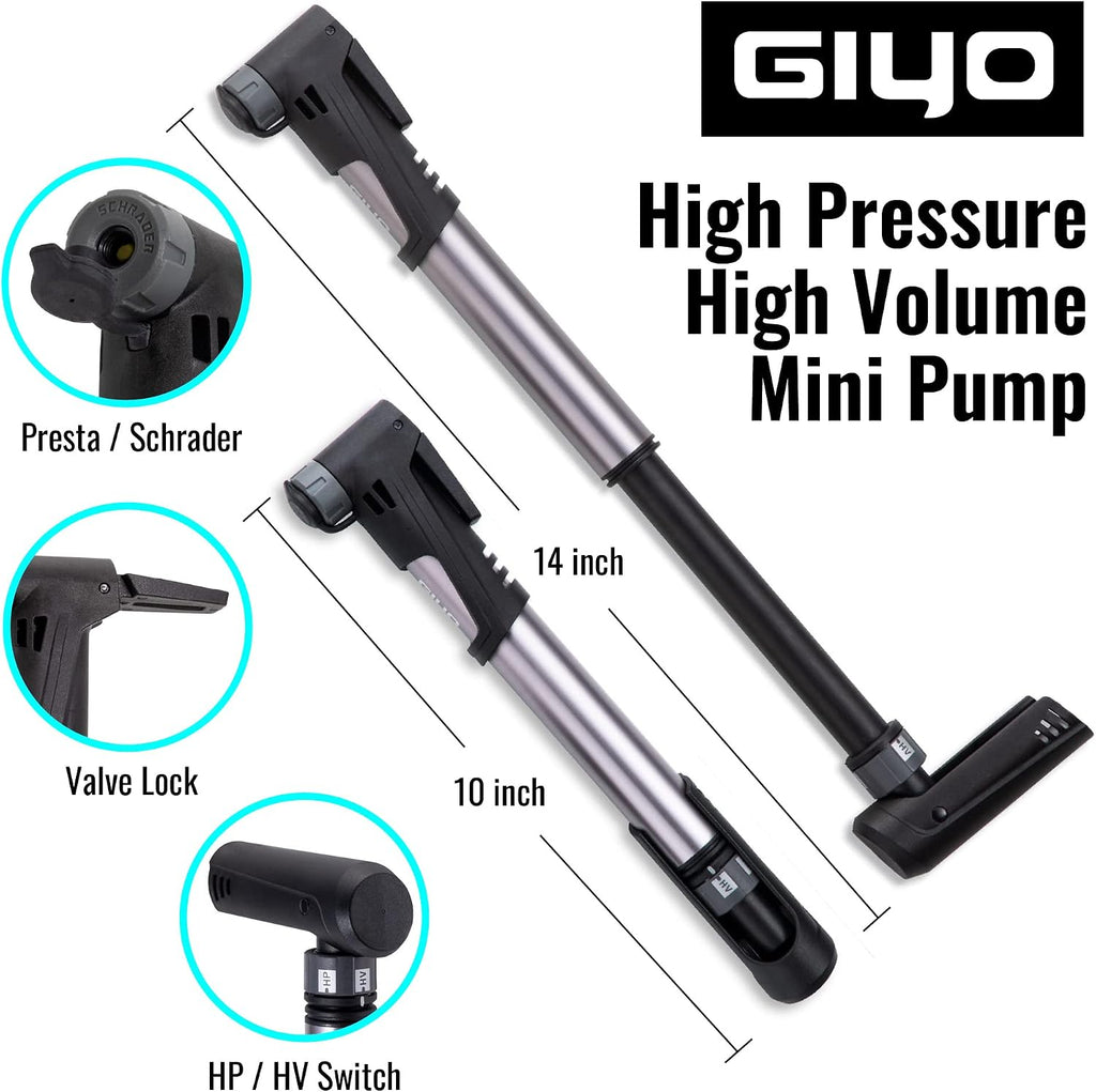 GIYO Bike Tire Pump | 2 Stage HP HV 120 PSI Max | Clever Valve Fits Presta & Schrader | for MTB & Road Frame Mounted (GP992) Taiwan Made