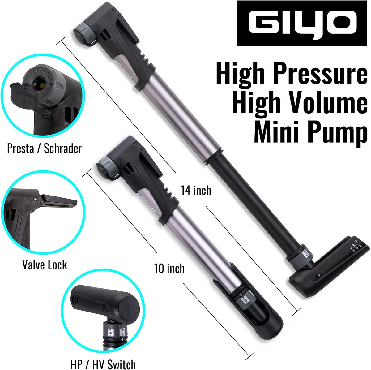 GIYO Bike Tire Pump | 2 Stage HP HV 120 PSI Max | Clever Valve Fits Presta & Schrader | for MTB & Road Frame Mounted (GP992) Taiwan Made