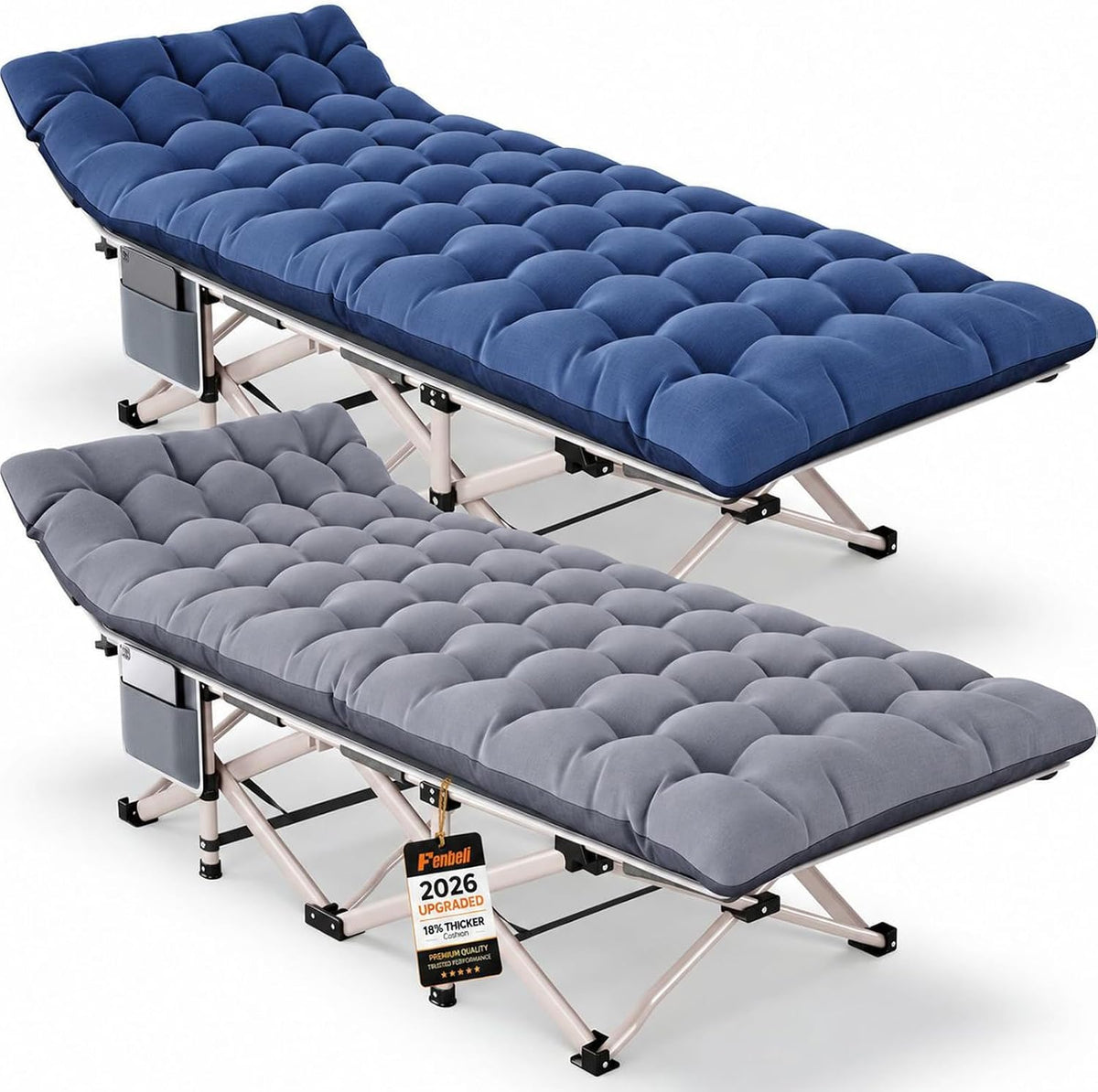 Fenbeli Camping Cot for Adults, 2 Pack Camp Bed with Thicker Cushion, 800LB