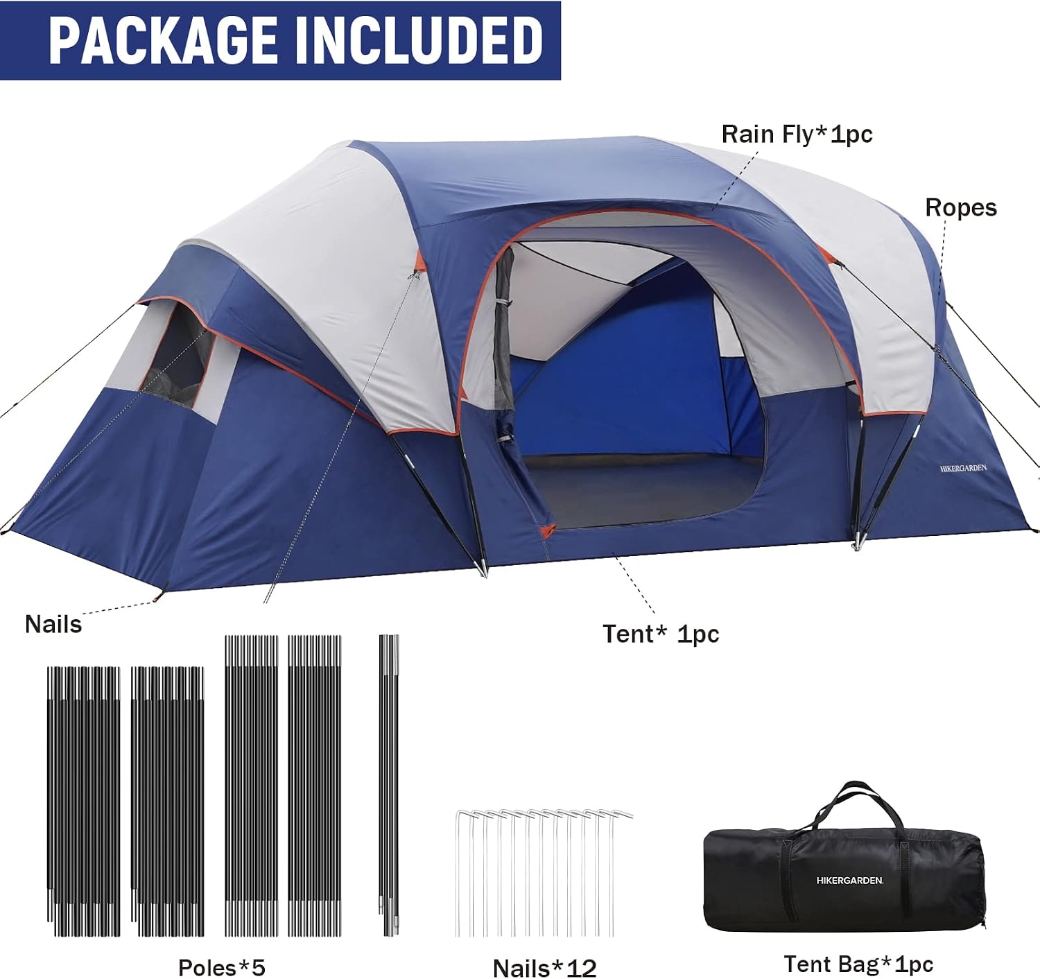 HIKERGARDEN 10 Person Tents for Camping Family Outdoor Dome Tent