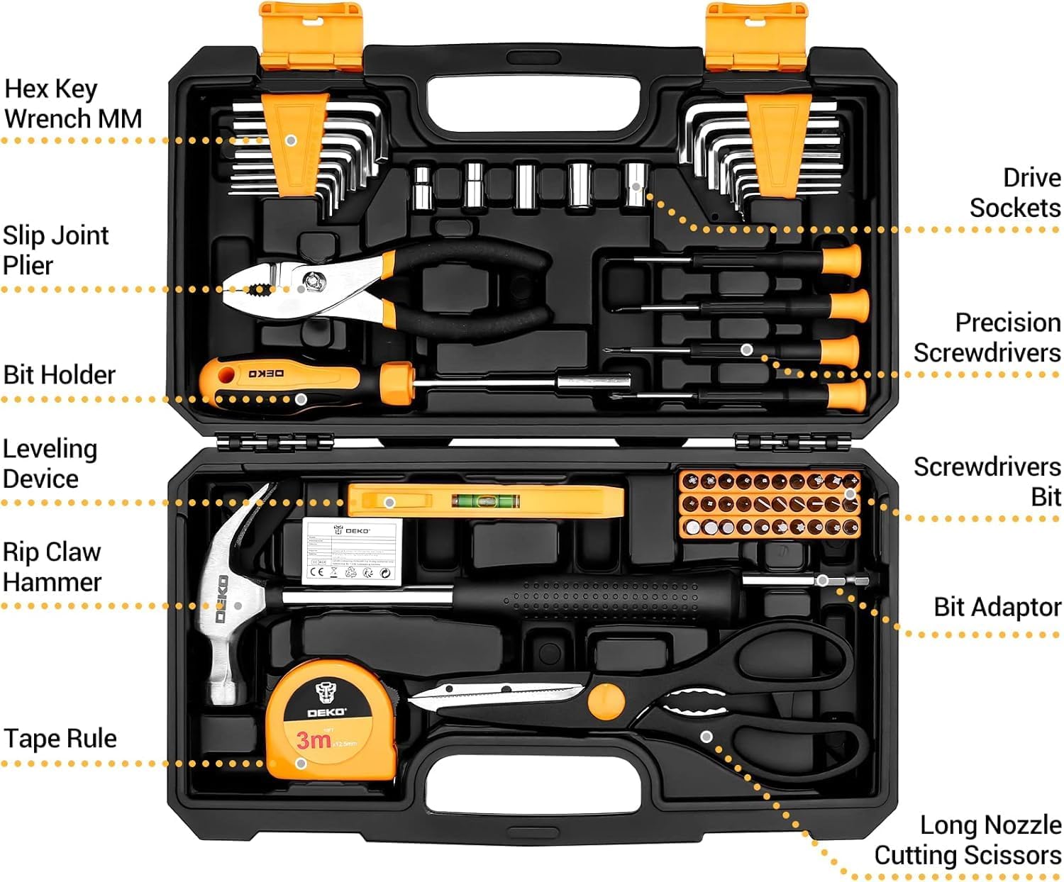 62-Piece Household Tool Set：Small Basic Home Tool Kit with Plastic Toolbox, Hand Tools with Storage Case DEKOPRO
