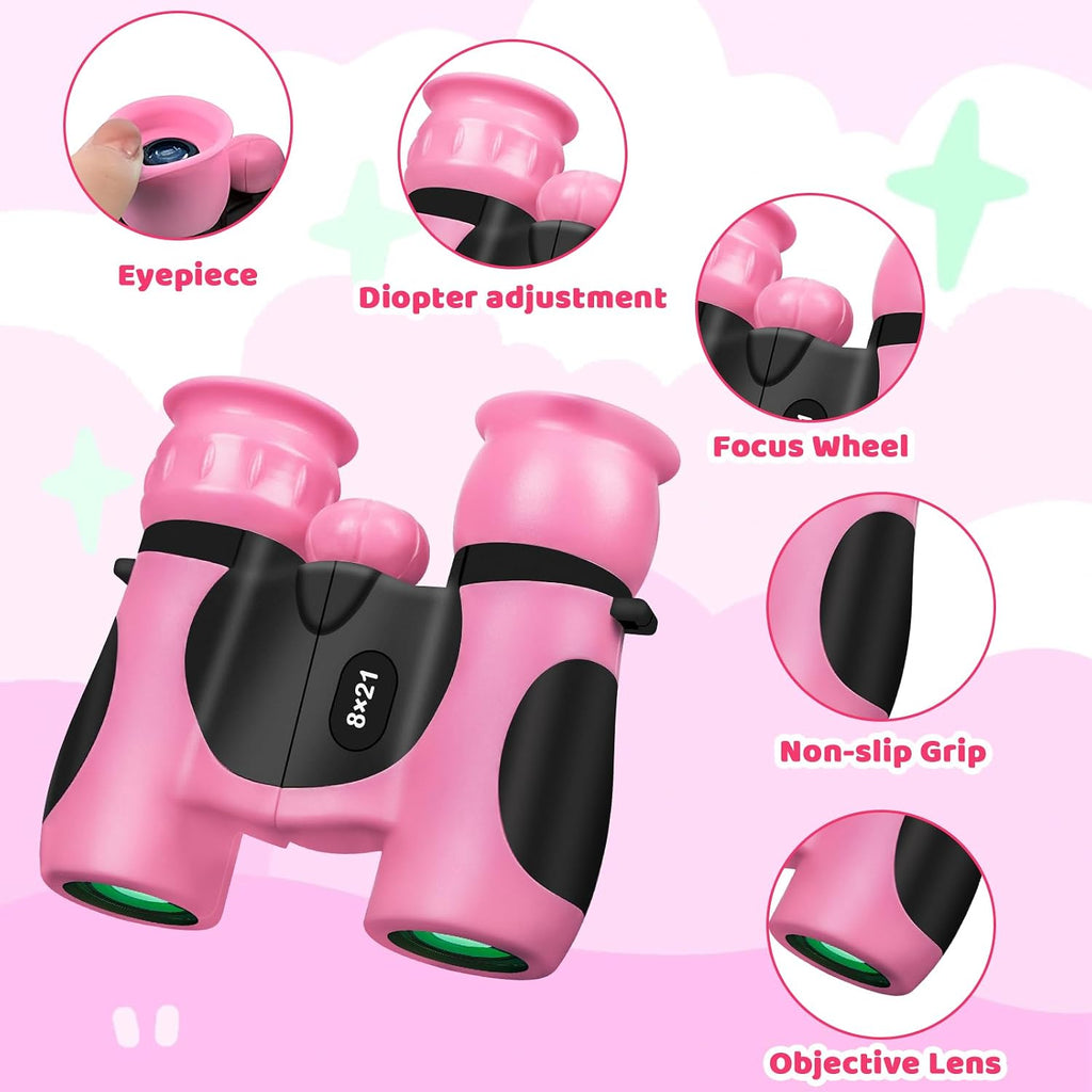 BLACKICE Binoculars for Kids, High-Resolution 8x21, Kids Binoculars Gift Set for Boys & Girls, Shockproof & Compact for Bird Watching, Travel, Hiking, Camping, Hunting, Children Outdoor Gear (Pink)