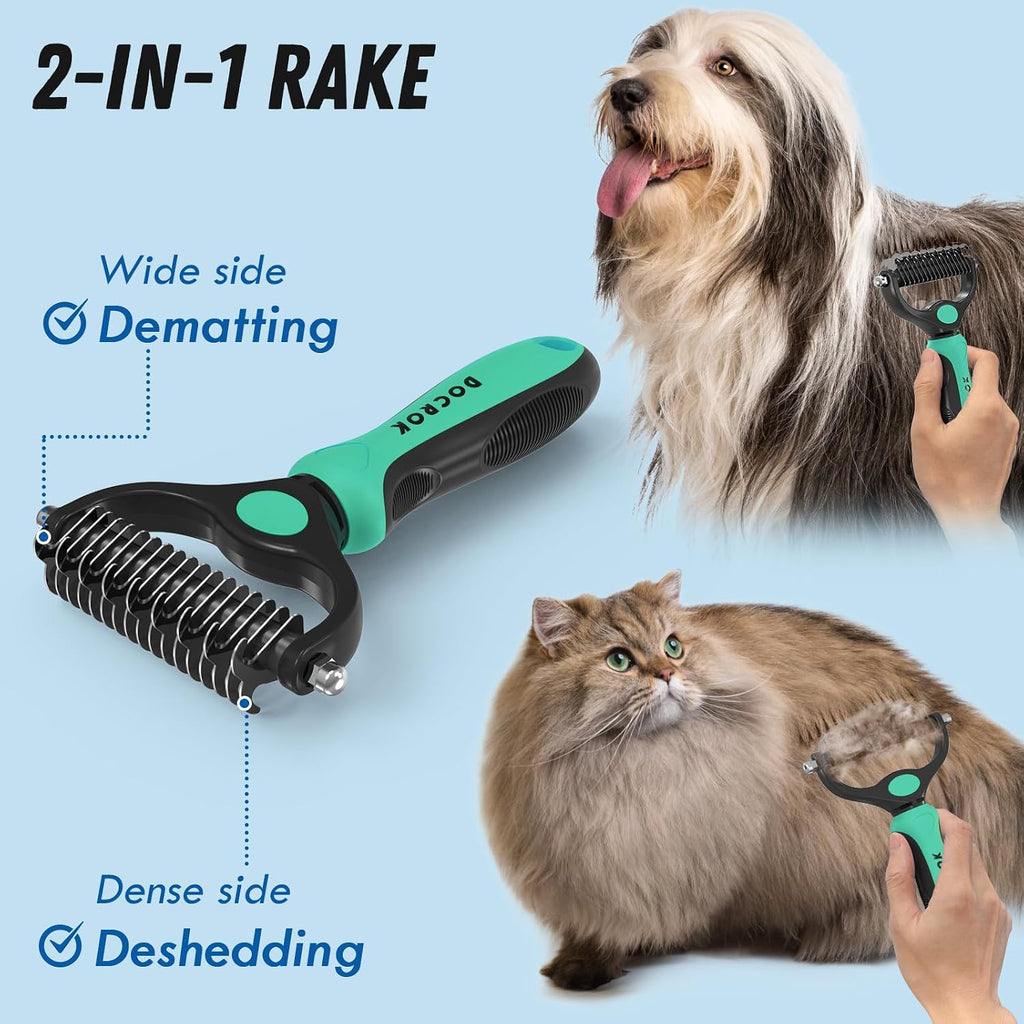 Docrok Pet Grooming Brush and Metal Comb Combo for Dogs & Cats, Green