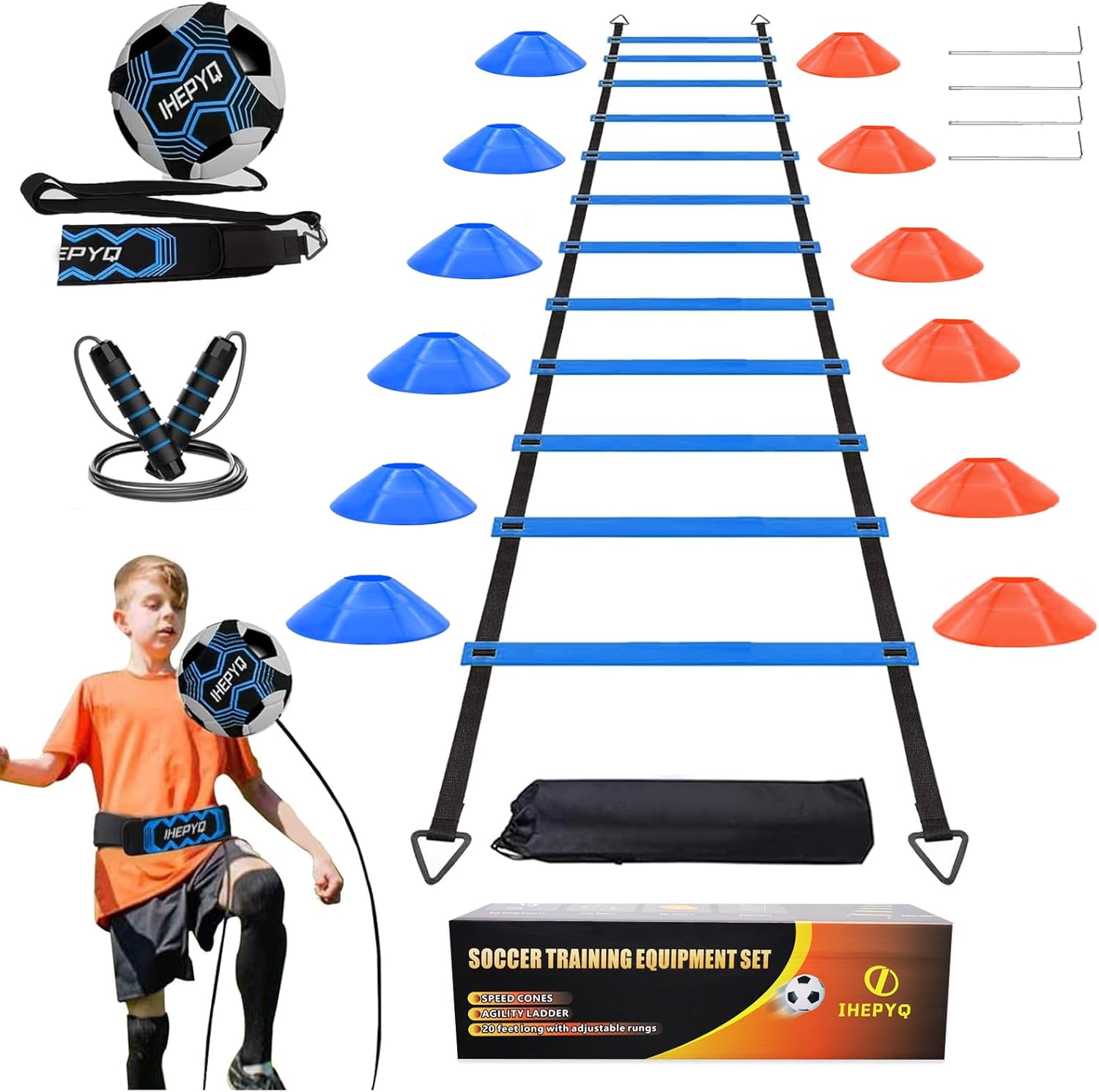 IHEPYQ Soccer Agility Training Equipment Set, 12 Rung 20Ft Agility Ladder, 12 Disc Cones, 4 Steel Stakes, Solo Soccer Trainer, Jump Rope - Speed Training Equipment for Soccer Football Basketball