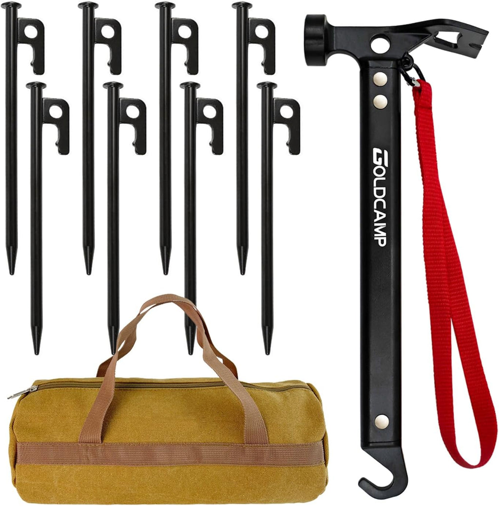 GOLDCAMP Tent Stake Kit, 8 Steel Stakes with Hammer & Canvas Bag