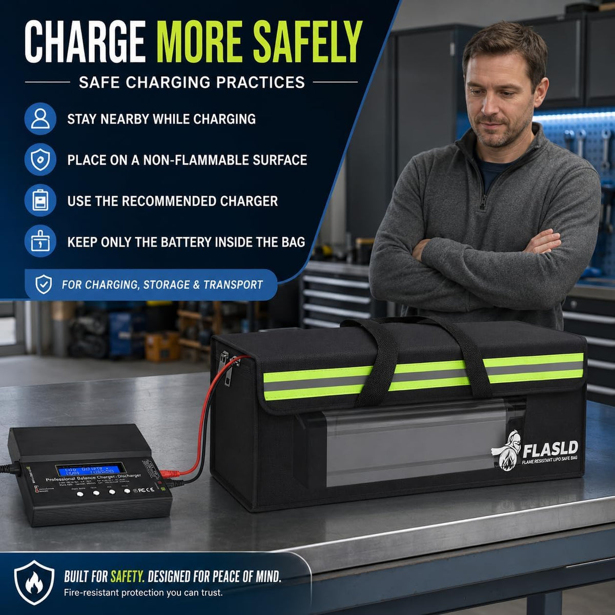 FLASLD E-Bike Battery Safe Bag Explosionproof - Large Capacity Fireproof Lipo Bag for Ebike Battery Charging and Storage (19.3 x 4.3 x 7in)