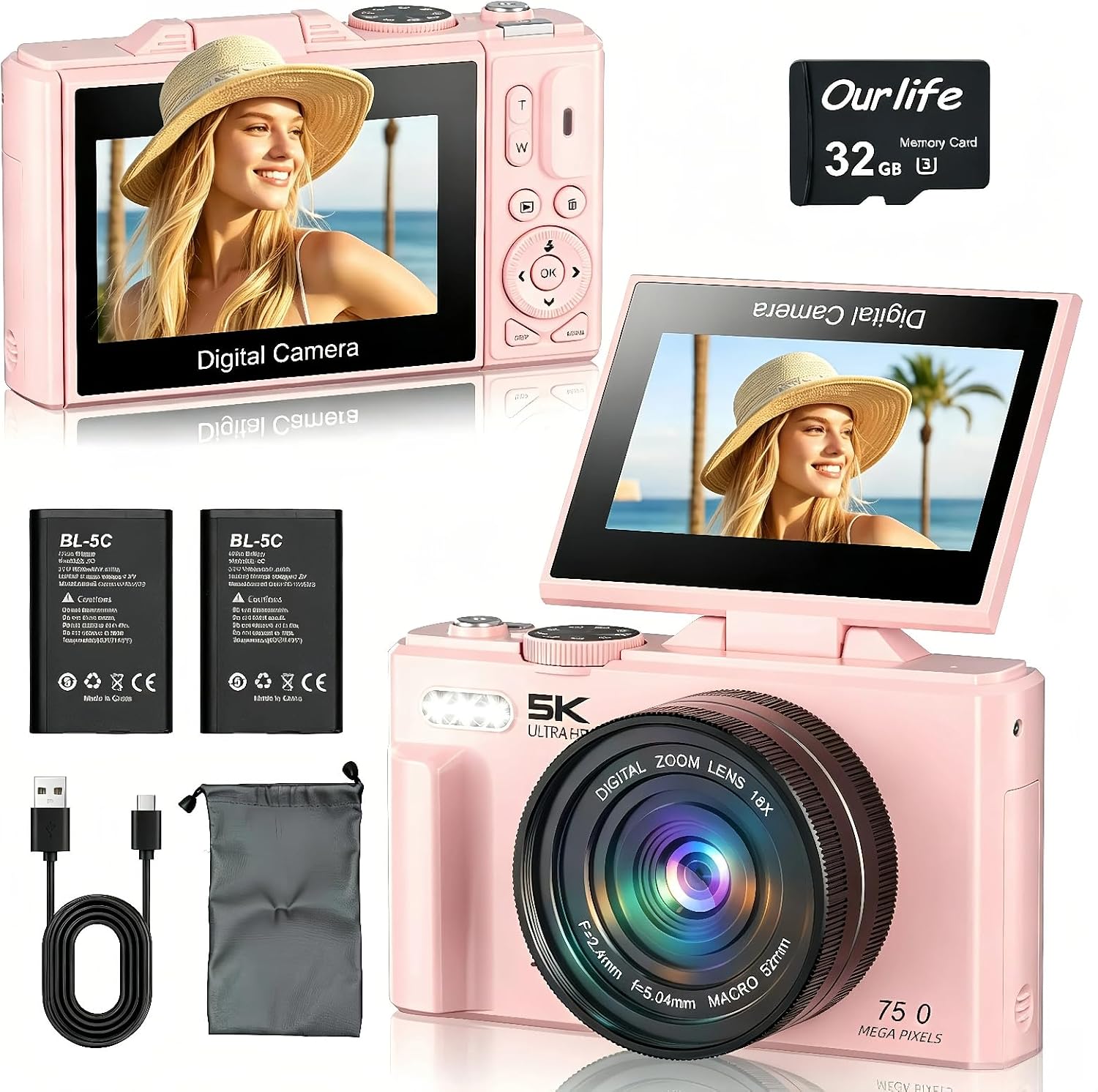 Ourlife 5K Digital Camera for Photography with Flip Screen,Pink Camera