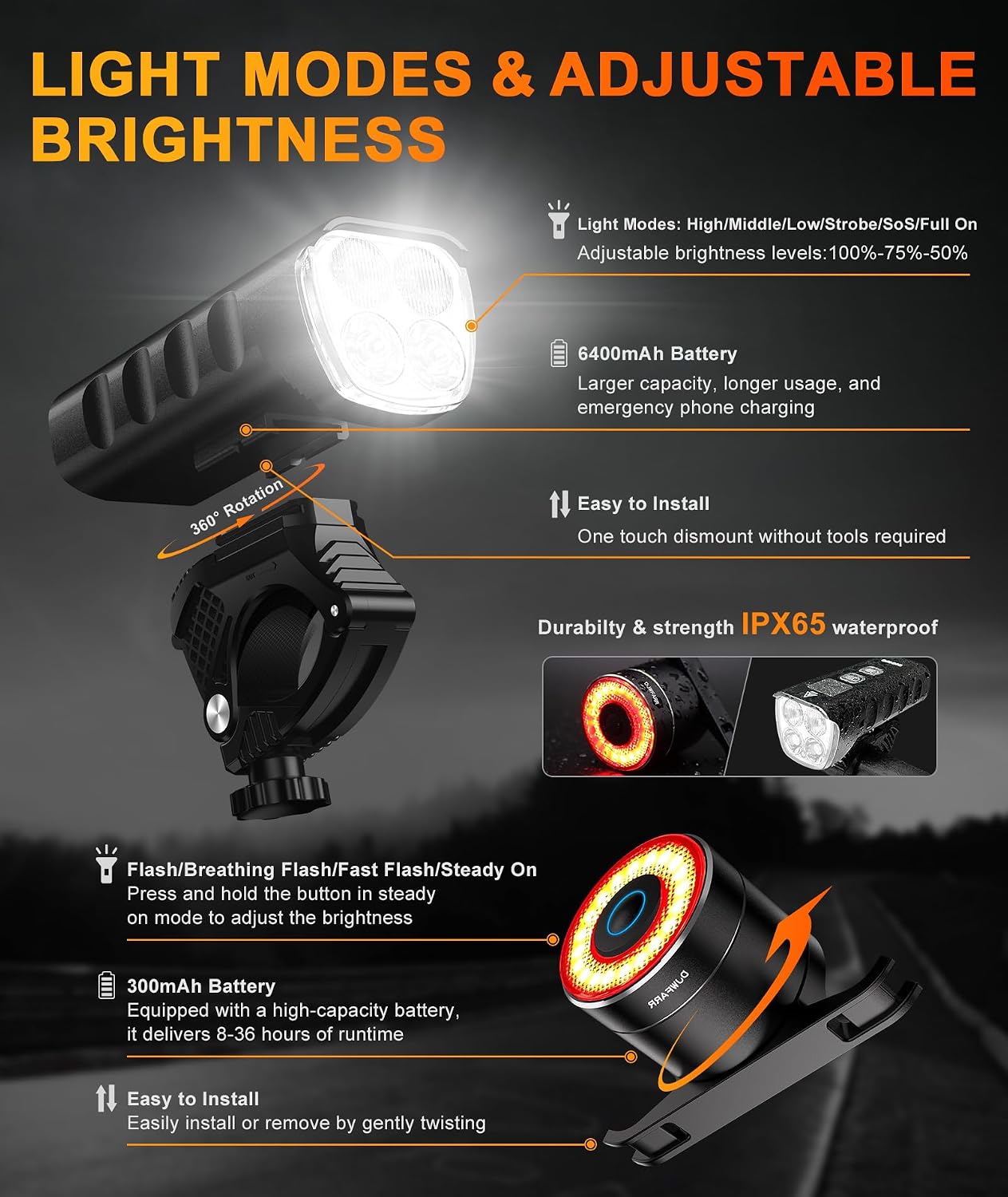 Front Bike Light or Front Headlight & Back Taillight Set, 2000 Lumens Super Bright Road Mountain Ebike Lights, Rechargeable & 6400mAh Ultra-Long Battery Life, 13 Lighting Modes