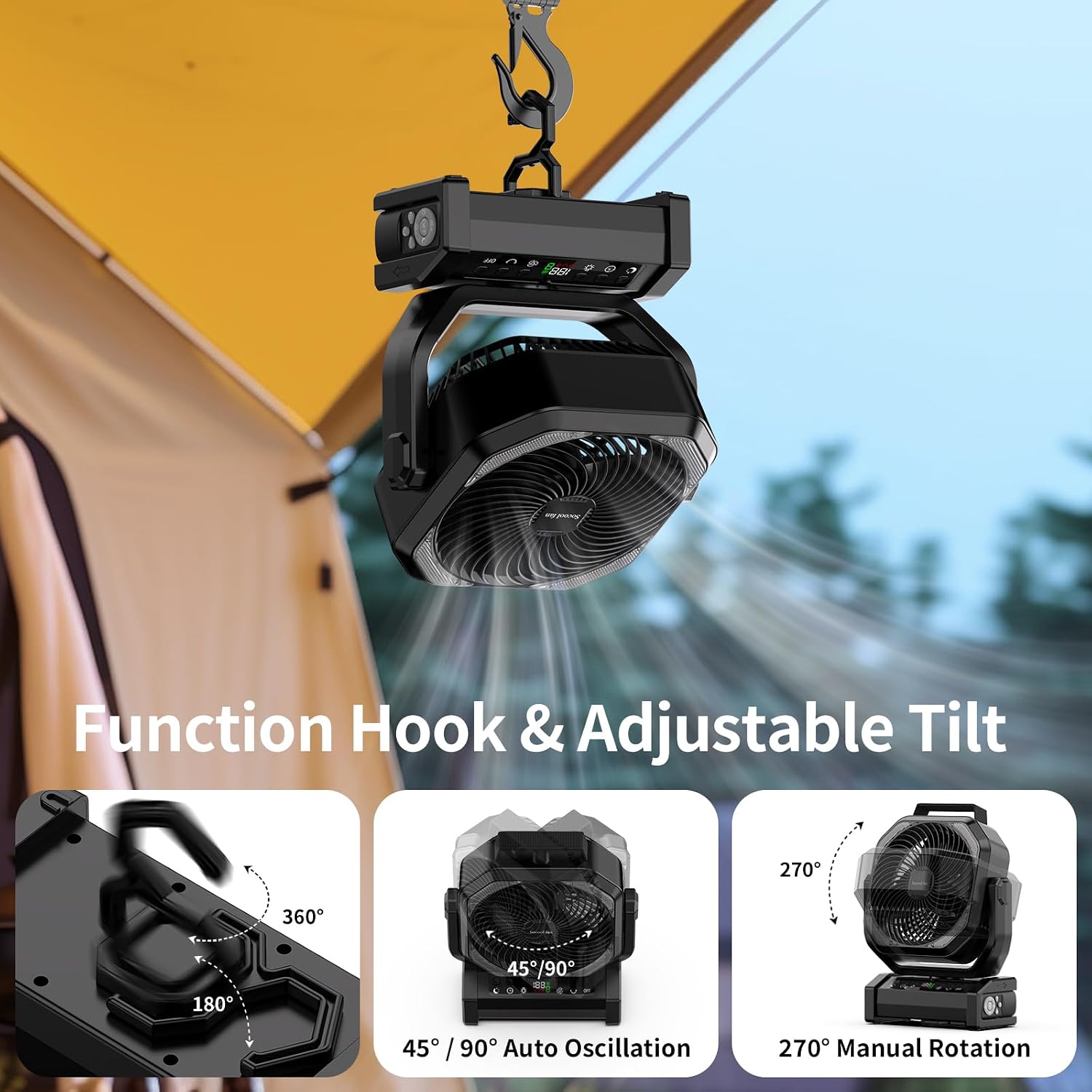 Socool Camping Fan with Light, 20000mAh Rechargeable Battery Fan with Remote, 112Hrs & 8 Speeds, Digital Display, Timer, Auto Oscillation, 270° Pivot & Hook for Outdoor Tent, Hurricane, Power Outage