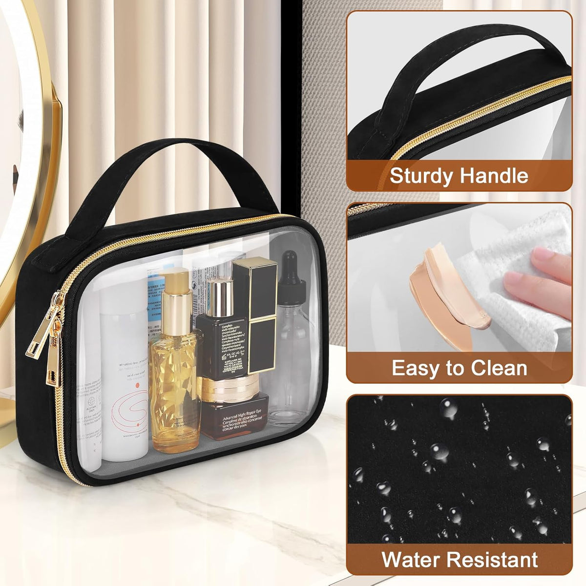 Wedama TSA Approved Toiletry Bag, 3 Pack Clear Makeup Bags with Handles, Quart Size Clear Toiletry Bags, PVC Cosmetic Bags for Women and Men, Carry on Airport Airline Compliant Bag, Black