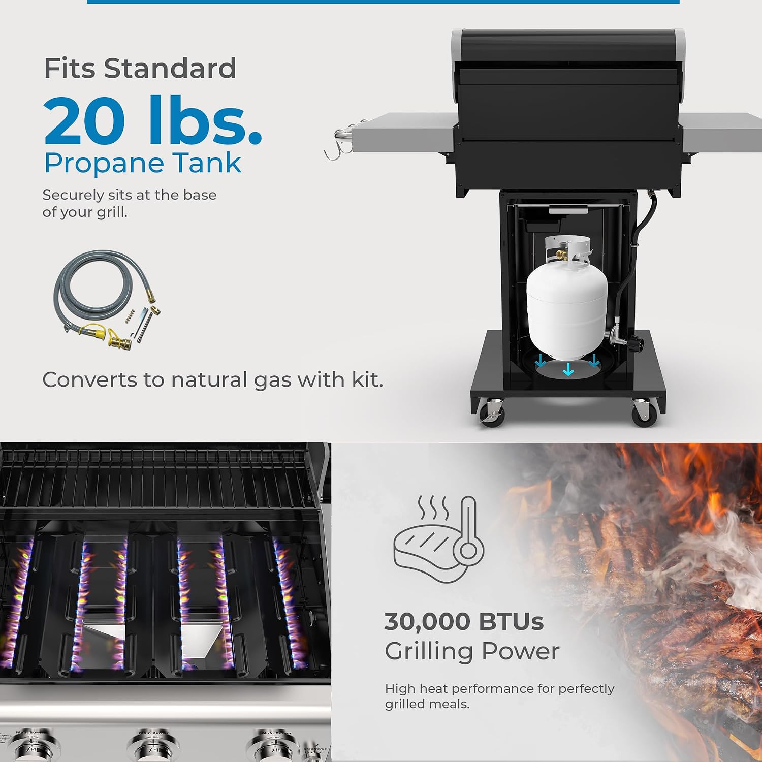 Kenmore 3-Burner Propane BBQ Grill, 30,000 BTUs Gas Grill with Cast Iron Cooking Grates, Folding Side Tables & Wheels, Outdoor Grill with Tool Hooks, Black