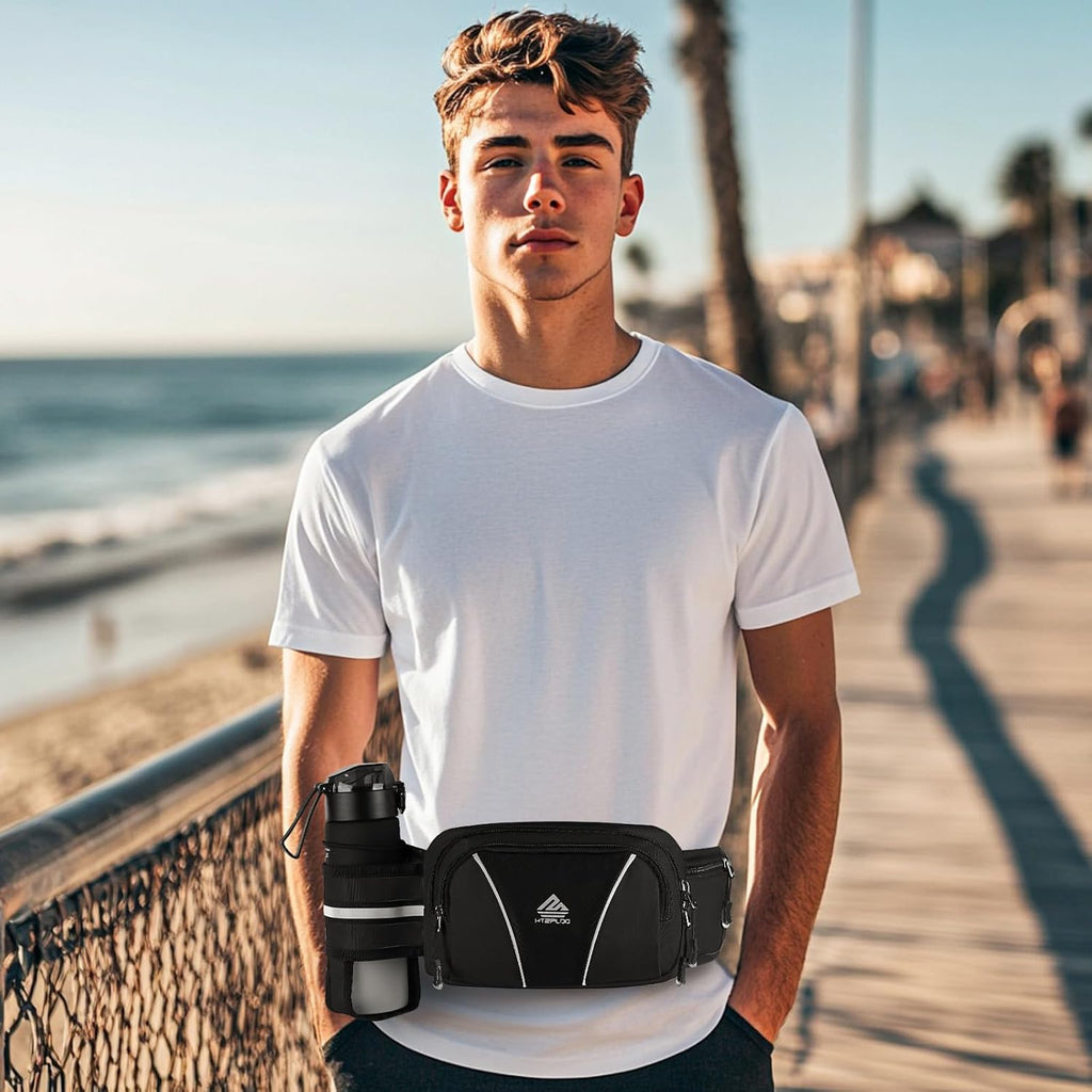 Fanny Pack for Men Women Waist Bag with Water Bottle Holder for Hiking, Travel,Dog Walking, Workout (Black)