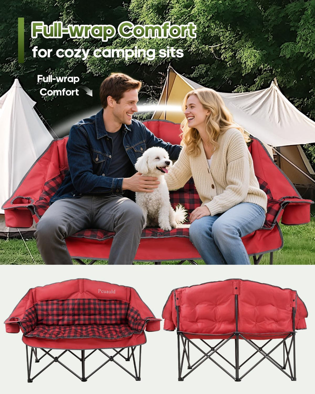 Heated Padded Double Camping Chair with 2 in 1 Carry Bag, 900LBS
