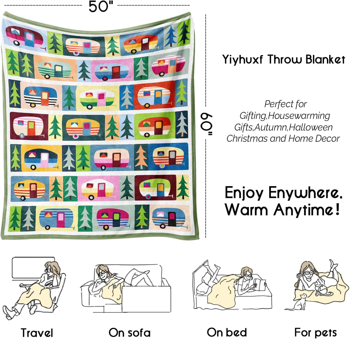 Camping Gifts Blanket for Women Men,Happy Campers RV Owner Campsite Travel Hiking Birthday Gifts Fleece Flannel Throw Blanket for Home Living Room Couch Bed Chair Dorm Decor 60x50