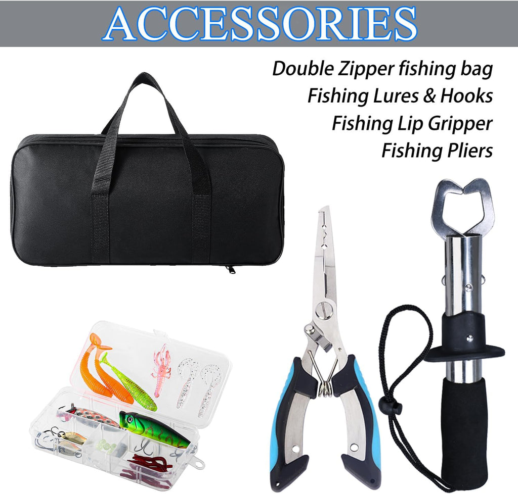 Tripquips Fishing Rod, 6.9ft Telescopic Fishing Rod and Reel Combo with Fishing Pliers and Lip Gripper Fishing Equipment, 5.2:1 Pre-Loaded Spinning Reel Combo Set Fishing Pole
