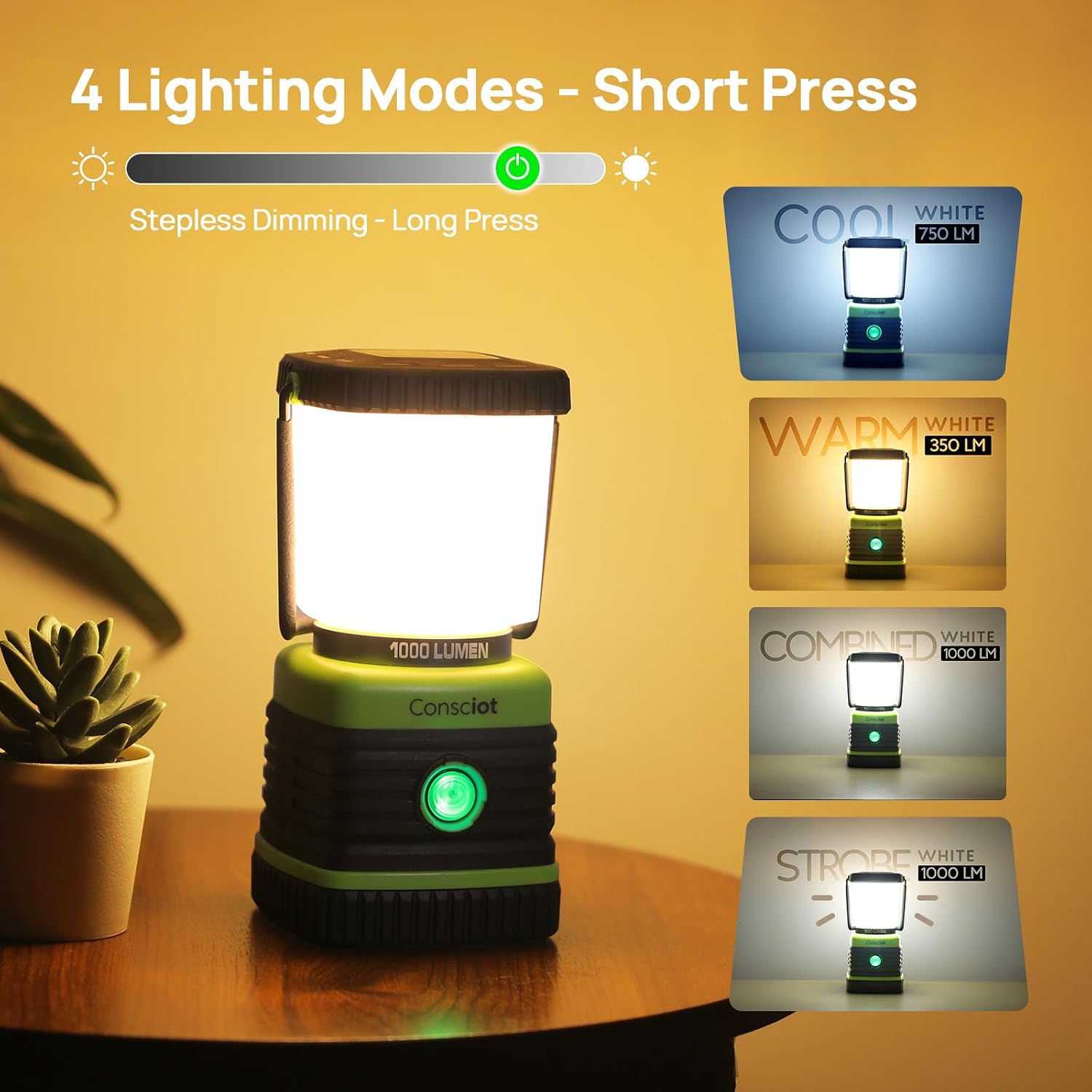 Consciot 1000LM LED Camping Lantern Rechargeable, 4 Light Modes, Dimmable