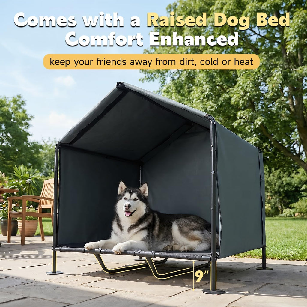 Large Dog Shade with Elevated Dog Bed, Waterproof Dog Tent with Back Cover