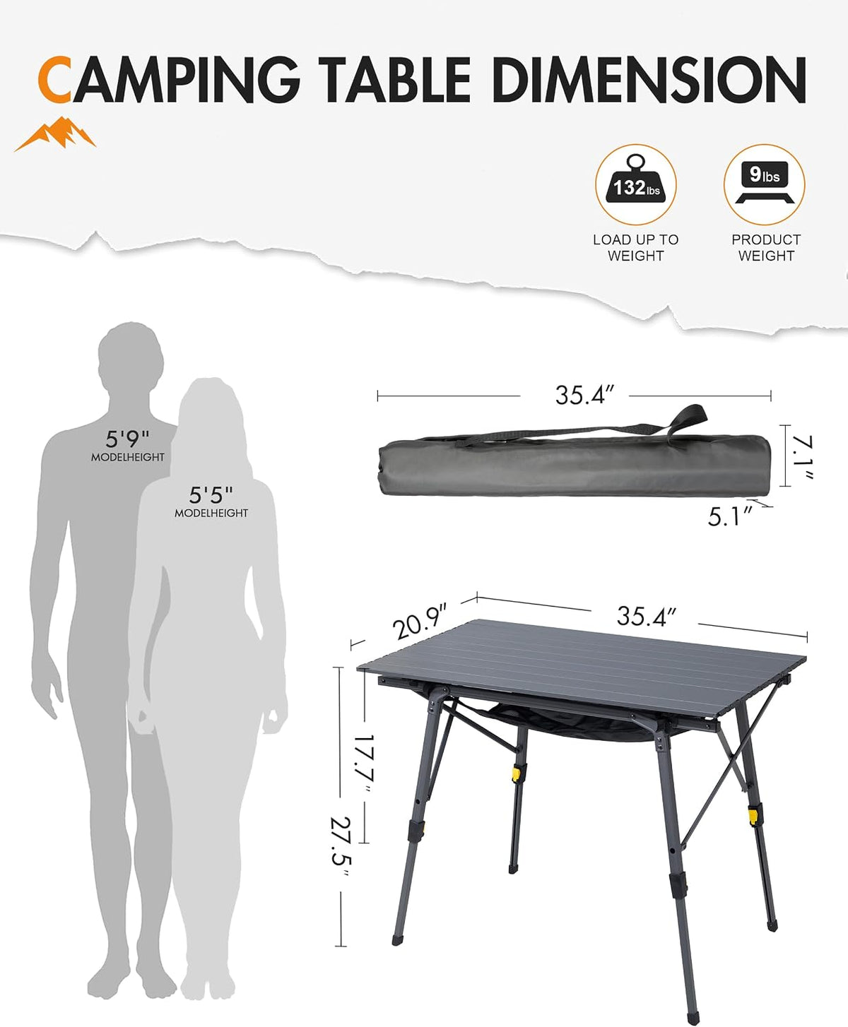 Portal Outdoor Folding Portable Picnic Camping Table with Adjustable Height Aluminum Roll Up Table Top Mesh Layer, Dark Gray