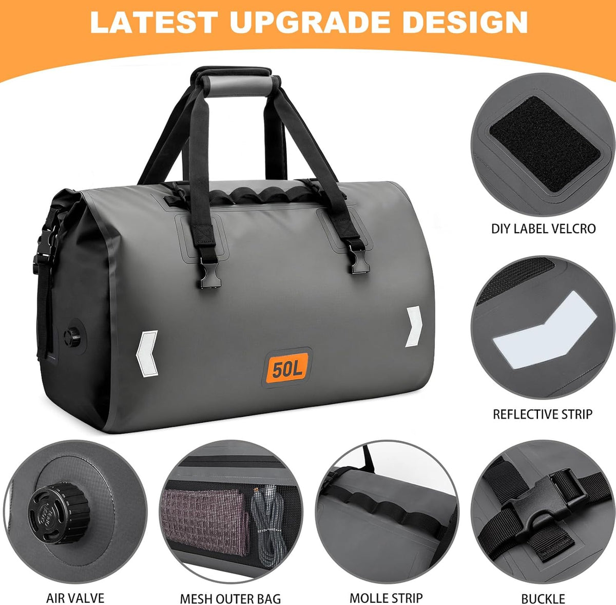 OCKLILY Waterproof Dry Bag, 50L Roll-top Motorcycle Tail Bag with Air Valve & Quick-fixed Straps, Travel Duffle Bags for Kayaking Paddle Boarding Rafting Boating Camping Riding Fishing - Grey