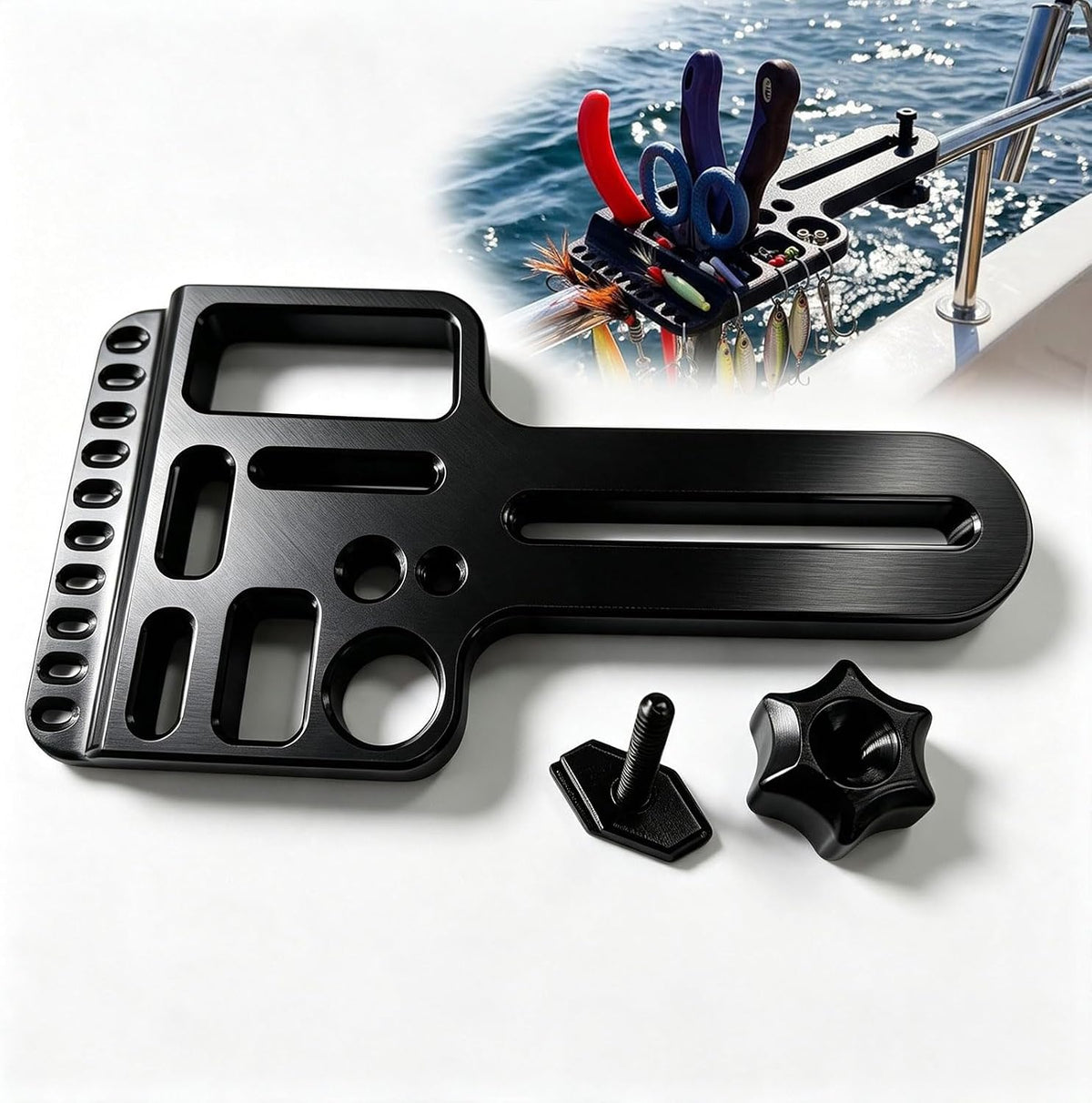 Kayak Fishing Tool Holder, T Track Mount Organizer with Lure Rack