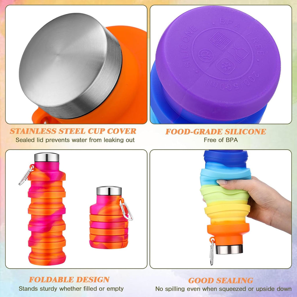 Sunnyray 20 Pack Collapsible Water Bottles Bulk Foldable Water Bottles 17oz Silicone Portable Leak Proof Reusable Sports with Clip for Travel Hiking Camping Outdoor (Tie-dye)