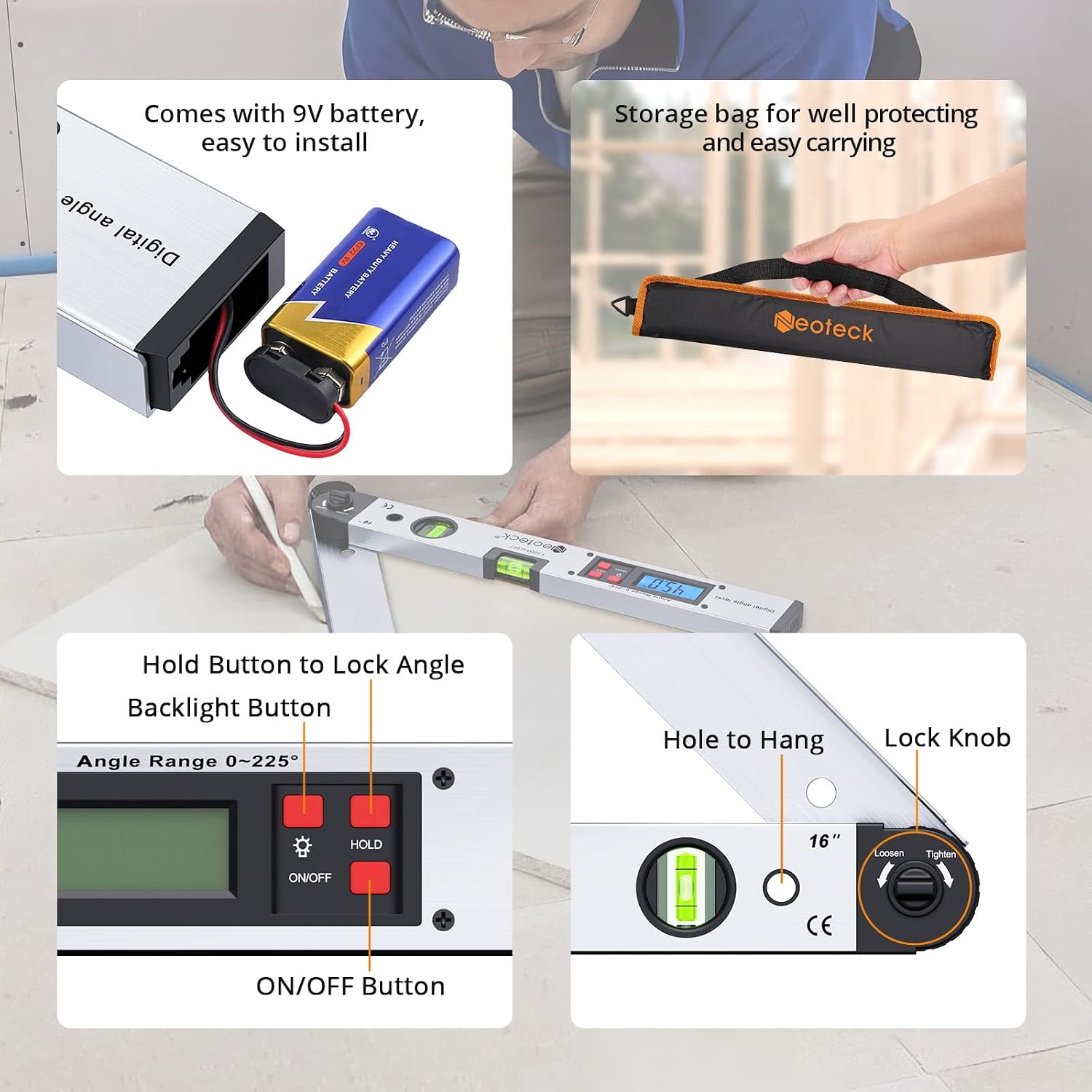 Neoteck 16 inch Digital Angle Finder 225°Aluminum Protractor LCD Backlight