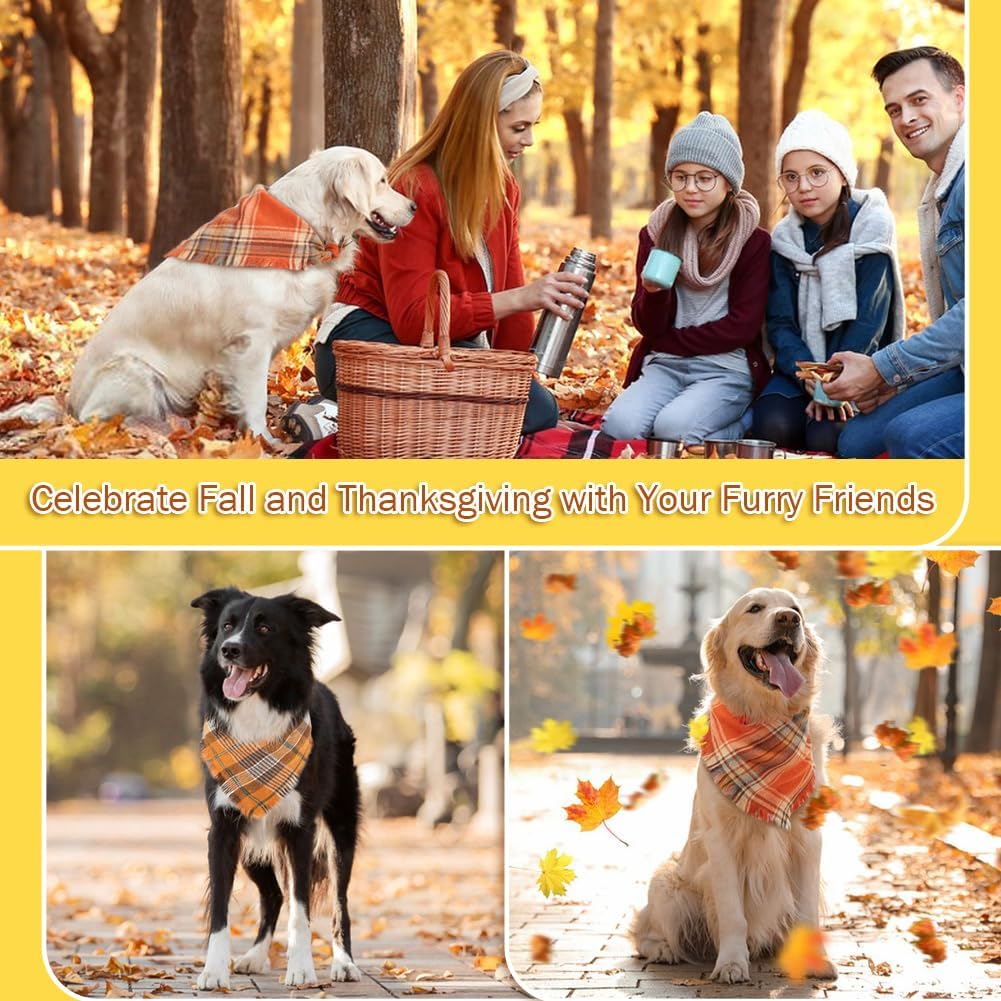Vivifying Fall Dog Bandanas, 2 Pack Halloween Classic Plaid Dog Scarf with Tassels Edges, Funny Pet Apparel & Accessories Costume for Thanksgiving, Photo Prop, and Party Decor (X-Large, Yellow&Orange)