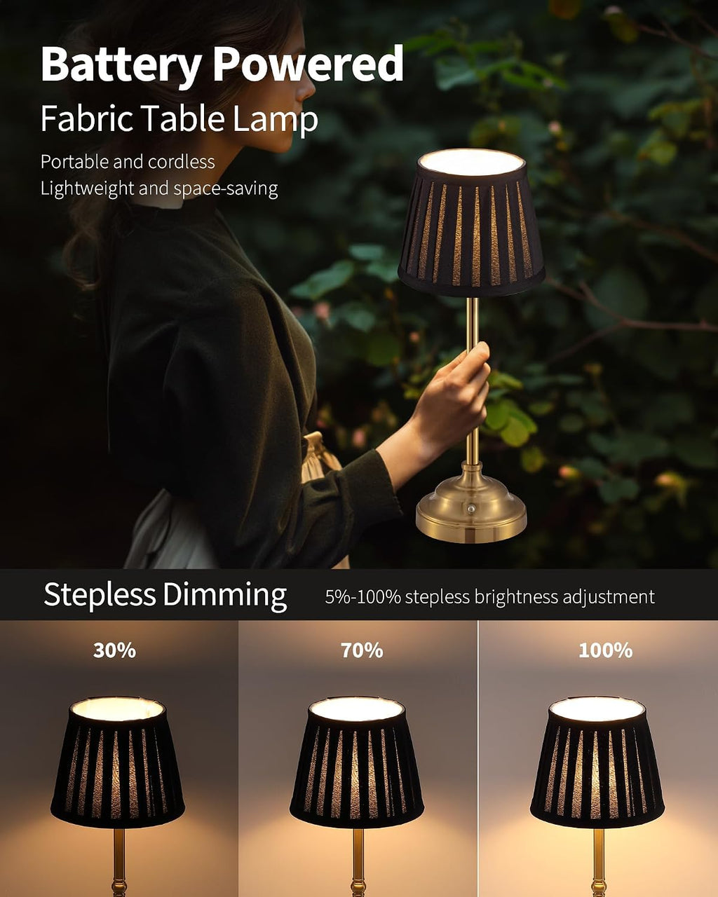 KDG Gold Cordless LED Table Lamps Set of 2, Black Fabric Shade Desk Lamps