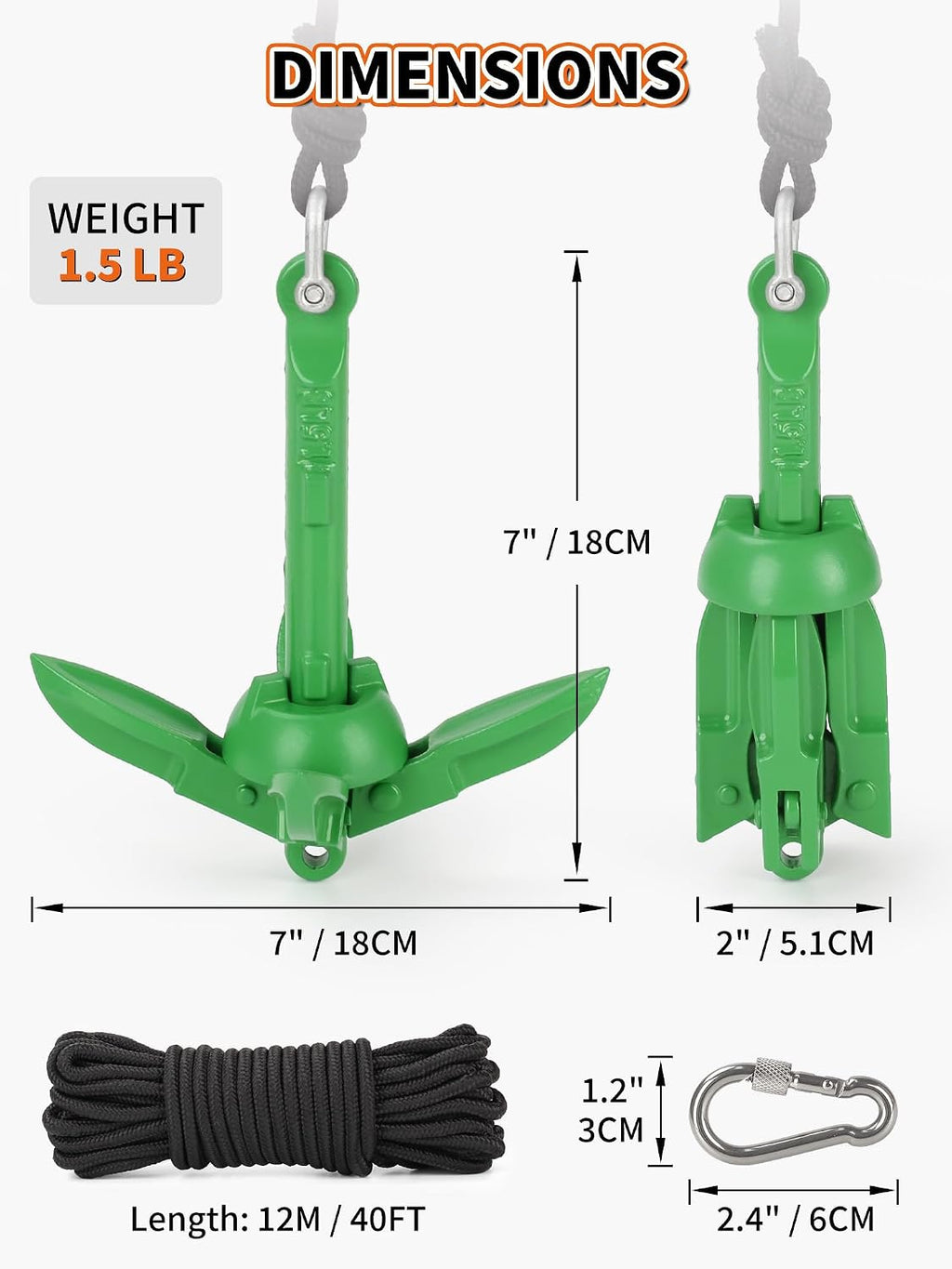 OULEME 1.5/3.5 LB Folding Grapnel Anchor Kit with 40 FT Rope & Buoy, for Boat, Kayak, Canoe, Small Watercraft, SUP, PWC, Jet Ski, Inflatable Paddle Board
