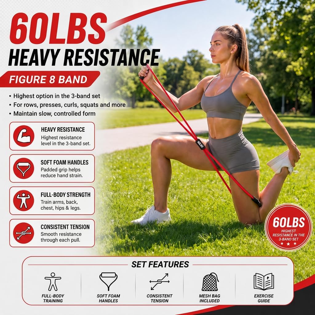 Figure 8 Resistance Bands with Handles, 20/40/60 lb, 3-Pack