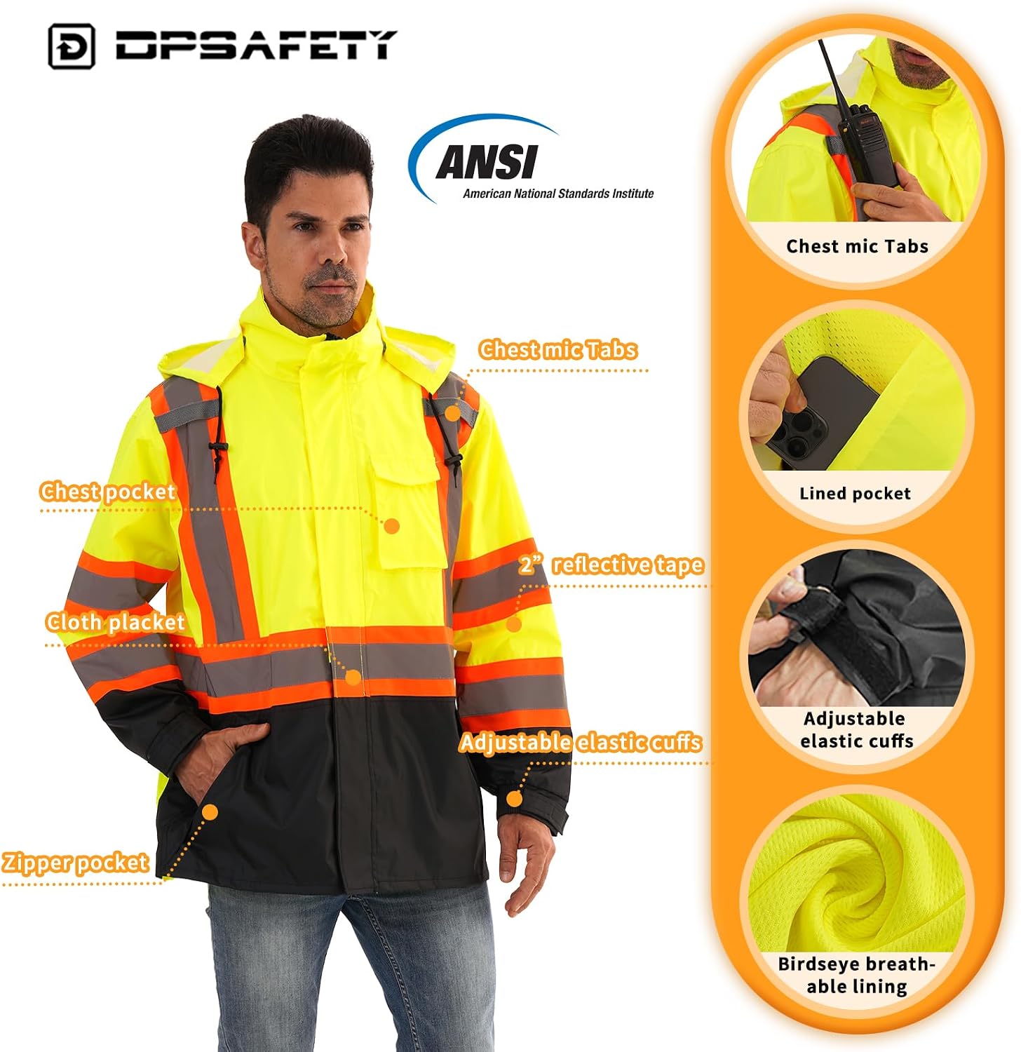 Reflective Rain jackets for men waterproof,Hi Vis Safety Coat With Reflective Strips，High Visibility Class 3 Rain jackets With 2 large pockets，Zipper,Lime,4XL/5XL