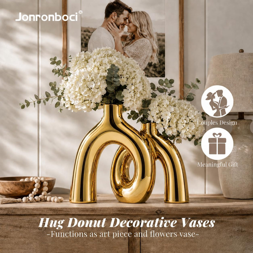 Hug Donut Decorative Vase Set - Golden Modern Classic Transitional Style Vases Home Decor, Matte Ceramic Decorations for Living Room Shelf, Bookshelf Mantle Entryway Table or Console Décor (Gold)