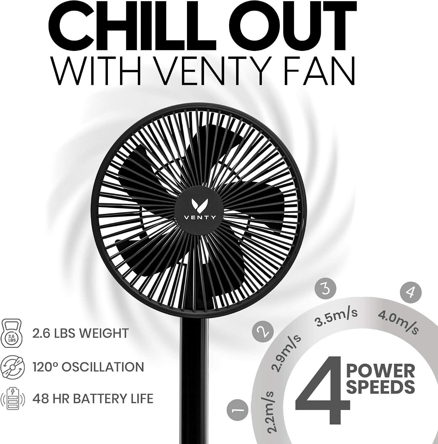 VENTY Portable Fan - Wireless Battery Operated Fan - 4 Speeds - LED Lighting - Carry Case & Remote Control - Cruise Travel - Outdoor Travel RV Power Bank With USB-C Port (Black with Case)
