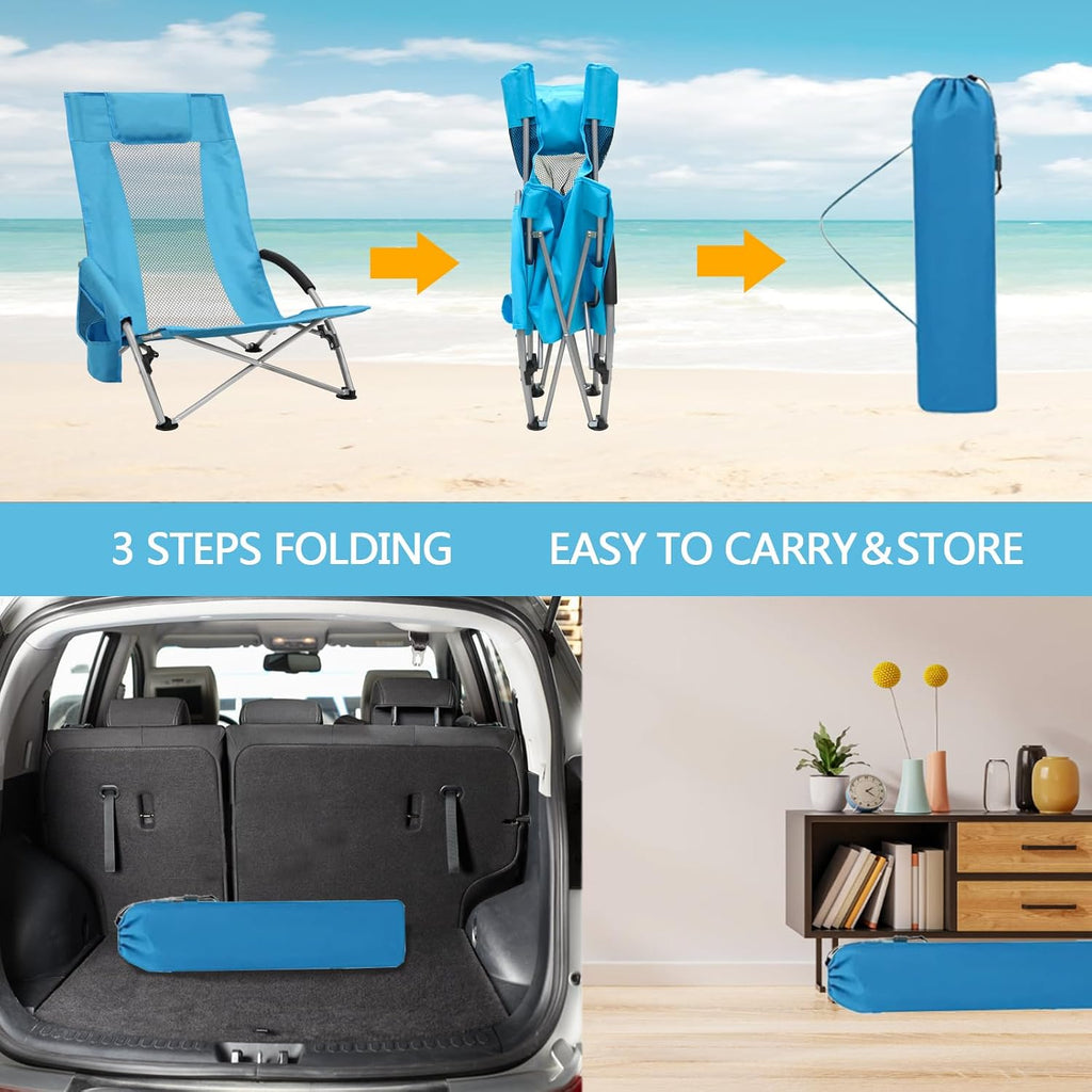High Back Beach Chairs,2Pack Protable Folding Chair for Adults,Foding Camping Chairs with Carry Bag Cup Holder for Beach,Fishing Outside（Bue）