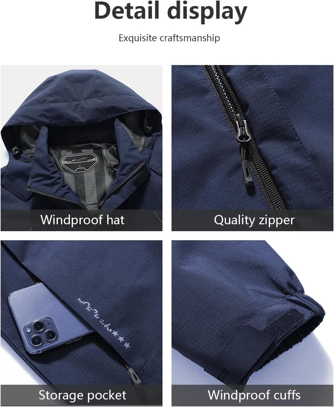 Outdoor Men's Waterproof Raincoat Windbreaker Lightweight Rain Jacket with Detachable Hood