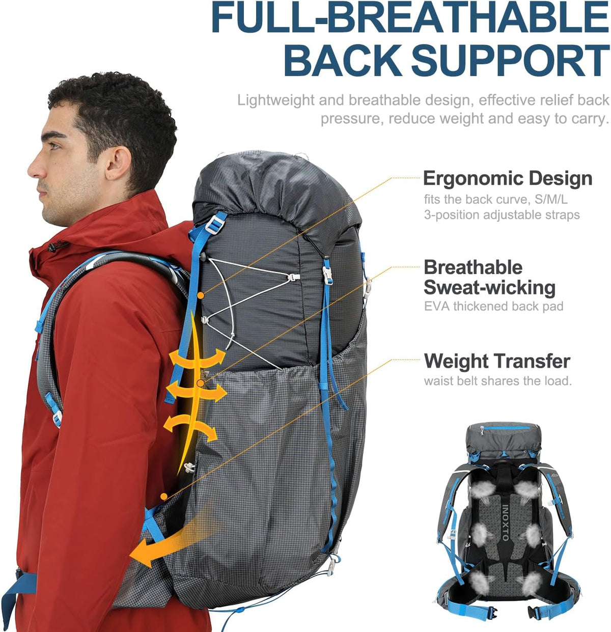 IX INOXTO 55L Internal Frame Waterproof Hiking Camping Backpack with 3L Water Bladder and Rain Cover, Large Lightweight Travel Daypack Rucksack for Climbing (Dark Gray)